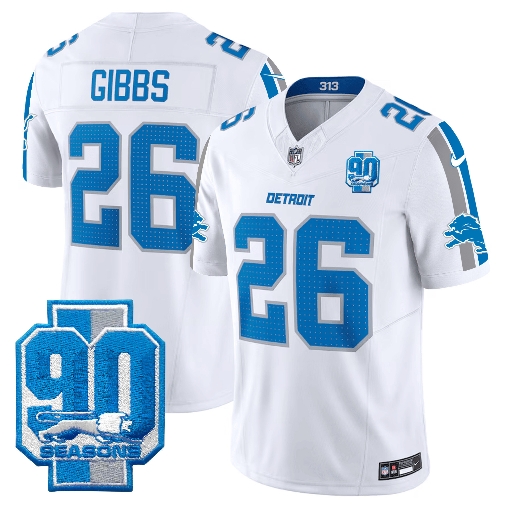 Jahmyr Gibbs Men's Detroit Lions 90th Year Patch Vapor Limited White Jersey - All Stitched