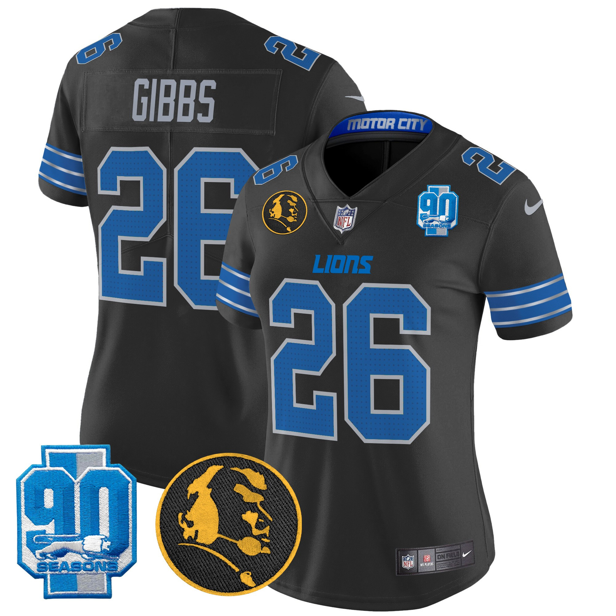 Jahmyr Gibbs Women's Detroit Lions 2024 90th & John Madden Patch Vapor Limited Black Jersey - All Stitched