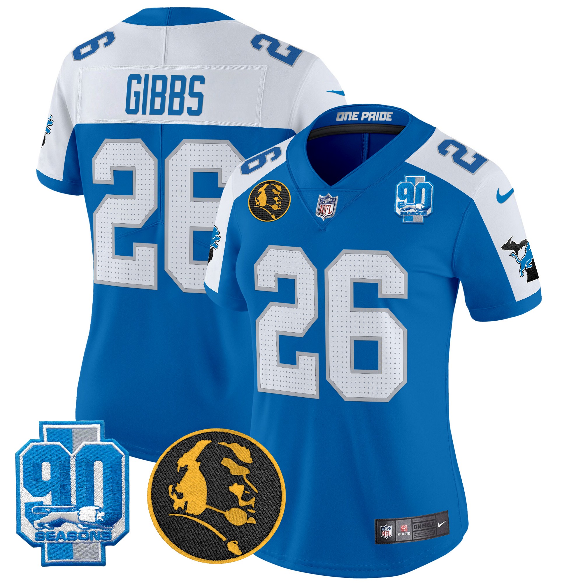Jahmyr Gibbs Women's Detroit Lions 2024 90th & John Madden Patch Vapor Limited Blue Alternate Jersey - All Stitched
