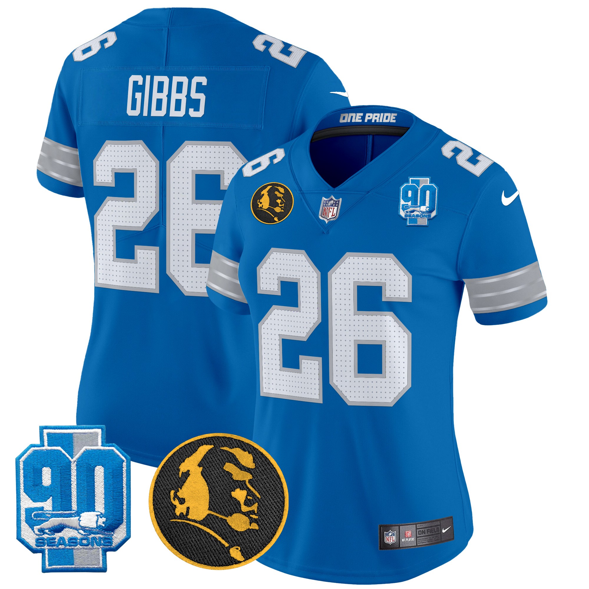 Jahmyr Gibbs Women's Detroit Lions 2024 90th & John Madden Patch Vapor Limited Blue Jersey - All Stitched