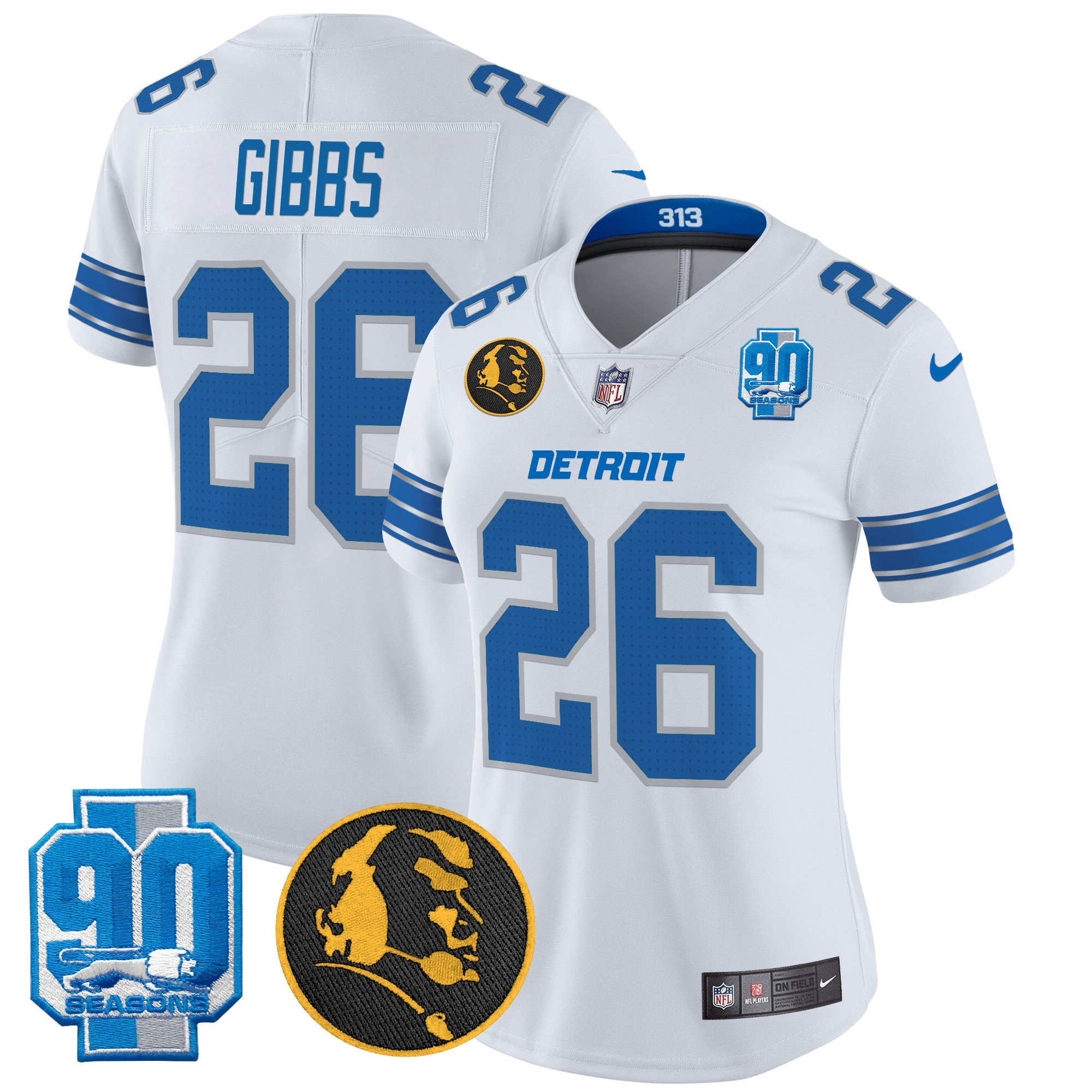 Jahmyr Gibbs Women's Detroit Lions 2024 90th & John Madden Patch Vapor Limited White Jersey - All Stitched