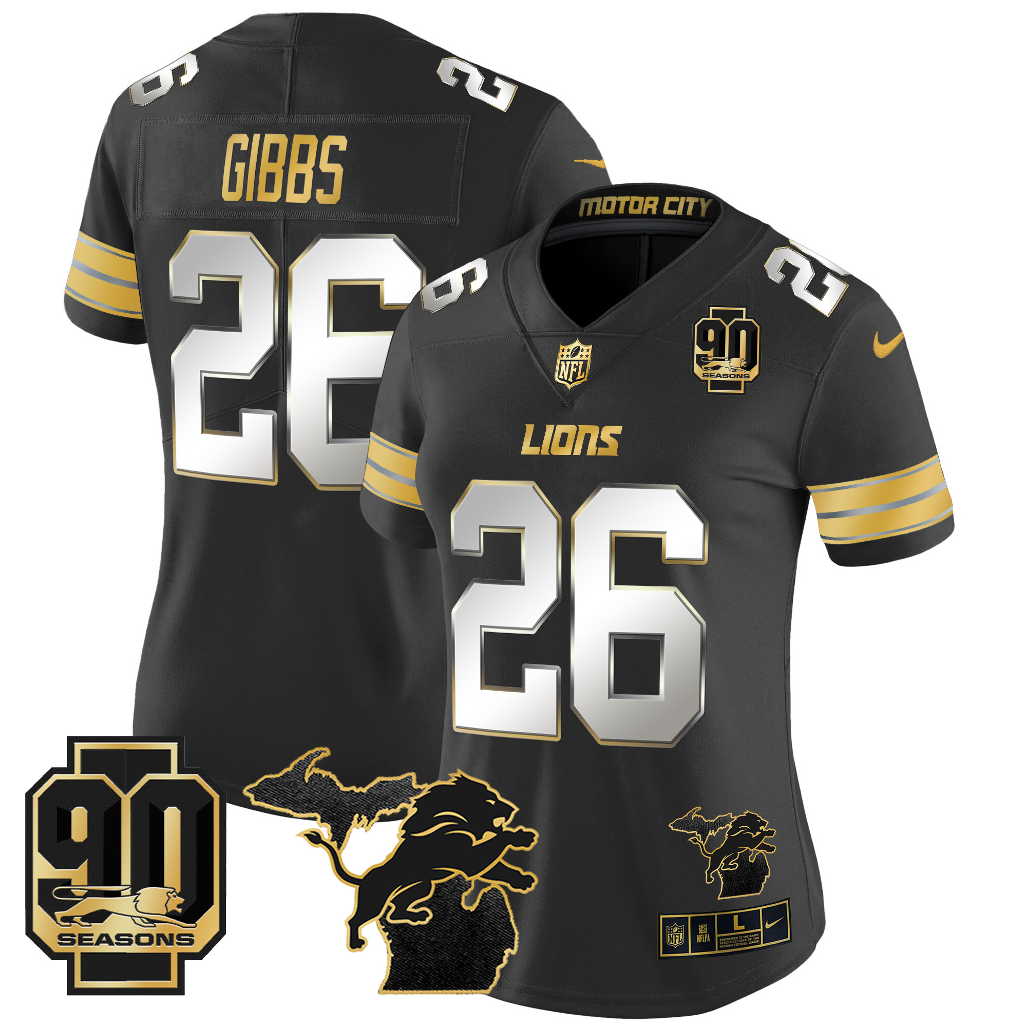 Jahmyr Gibbs Women's Detroit Lions 2024 Michigan & 90th Year Patch Gold Vapor Limited Black Limited Jersey - All Stitched