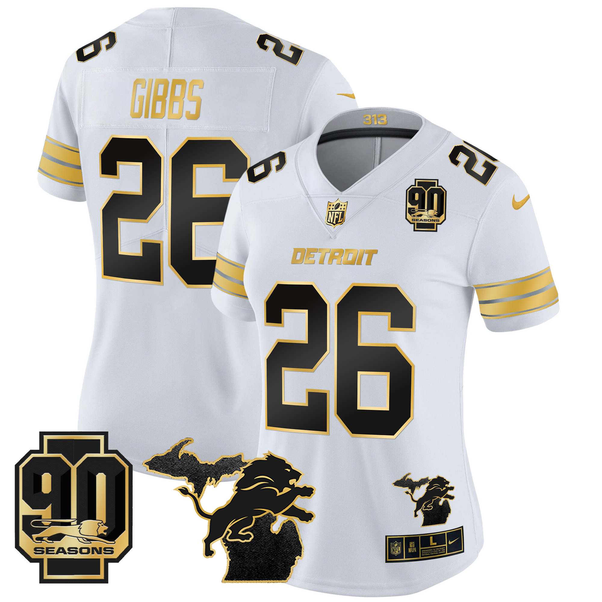 Jahmyr Gibbs Women's Detroit Lions 2024 Michigan & 90th Year Patch Gold Vapor Limited White Gold Jersey - All Stitched