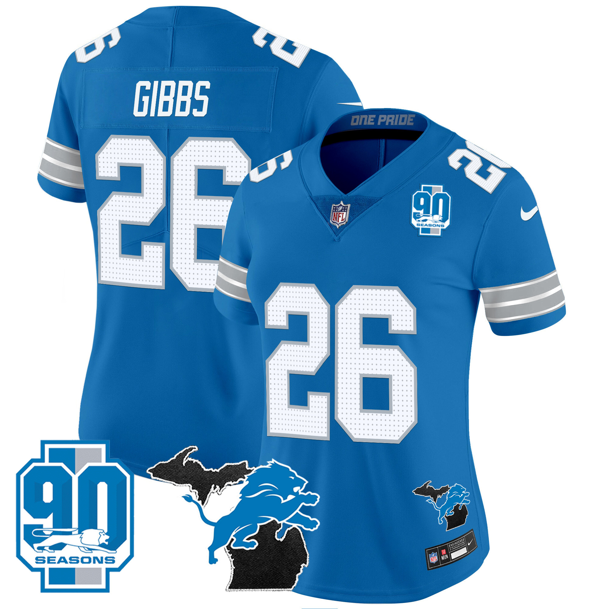 Jahmyr Gibbs Women's Detroit Lions 2024 Michigan & 90th Year Patch Vapor Blue Jersey - All Stitched