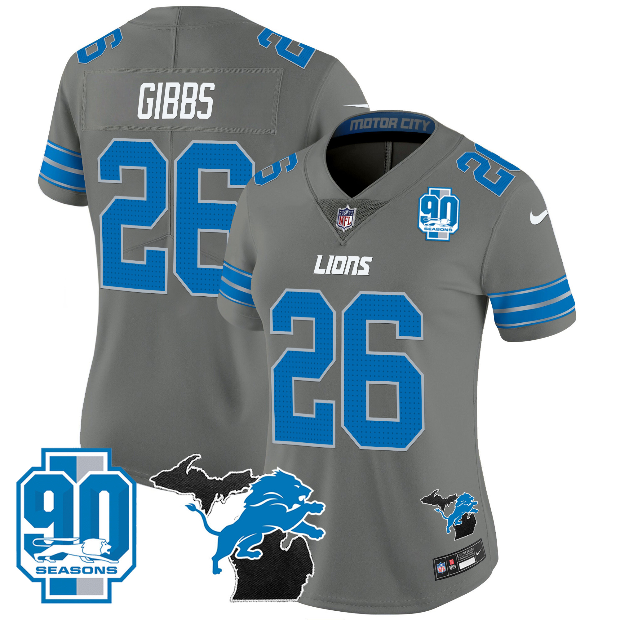 Jahmyr Gibbs Women's Detroit Lions 2024 Michigan & 90th Year Patch Vapor Gray Jersey - All Stitched
