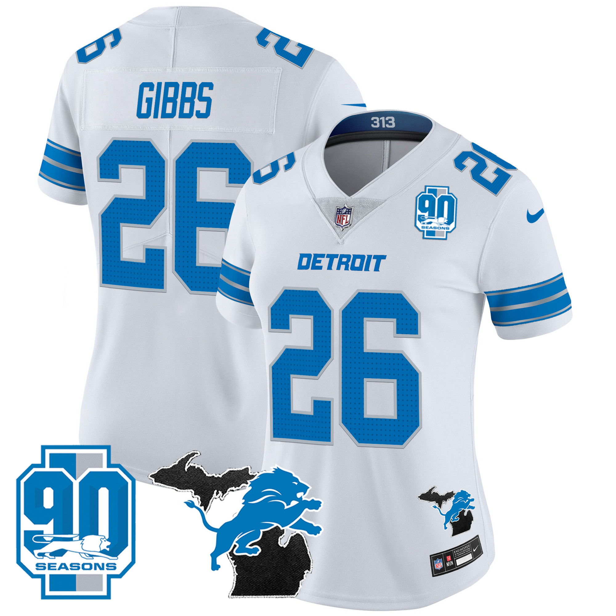 Jahmyr Gibbs Women's Detroit Lions 2024 Michigan & 90th Year Patch Vapor White Jersey - All Stitched