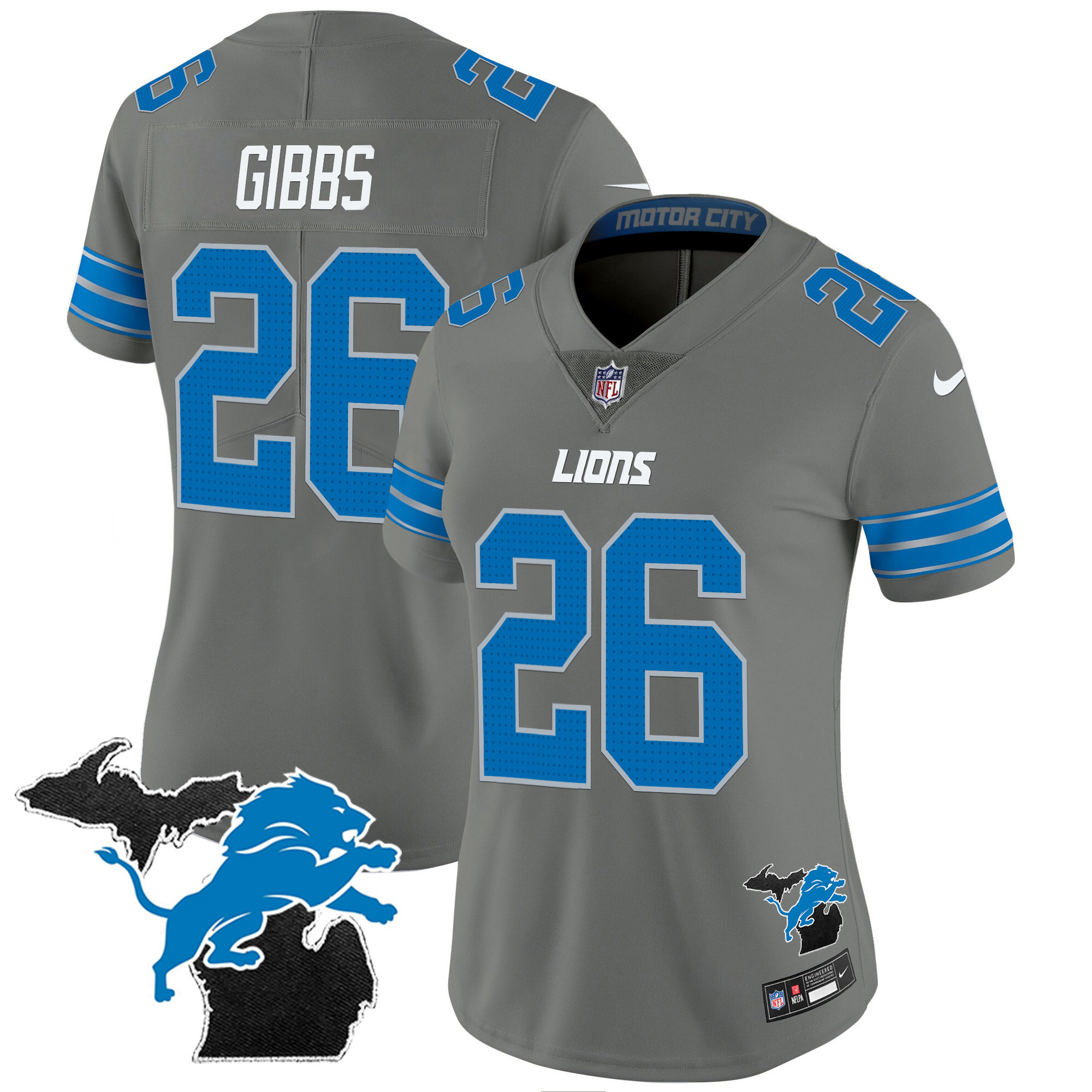 Jahmyr Gibbs Women's Detroit Lions 2024 Michigan Patch Vapor Gray Jersey - All Stitched