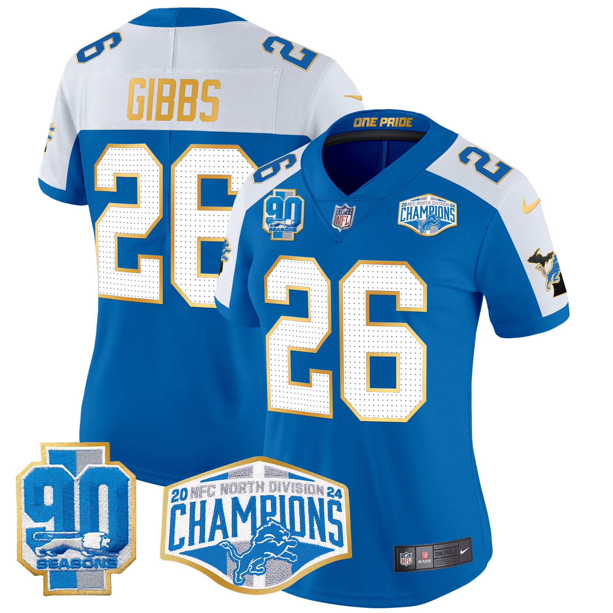 Jahmyr Gibbs Women's Detroit Lions 2024 NFC North Division Champions Patch Gold Trim Vapor Limited Blue Alternate Jersey - All Stitched