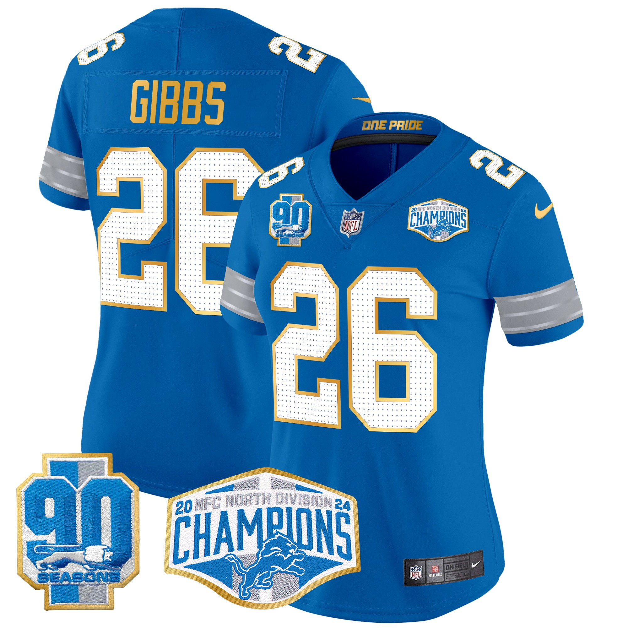 Jahmyr Gibbs Women's Detroit Lions 2024 NFC North Division Champions Patch Gold Trim Vapor Limited Blue Jersey - All Stitched