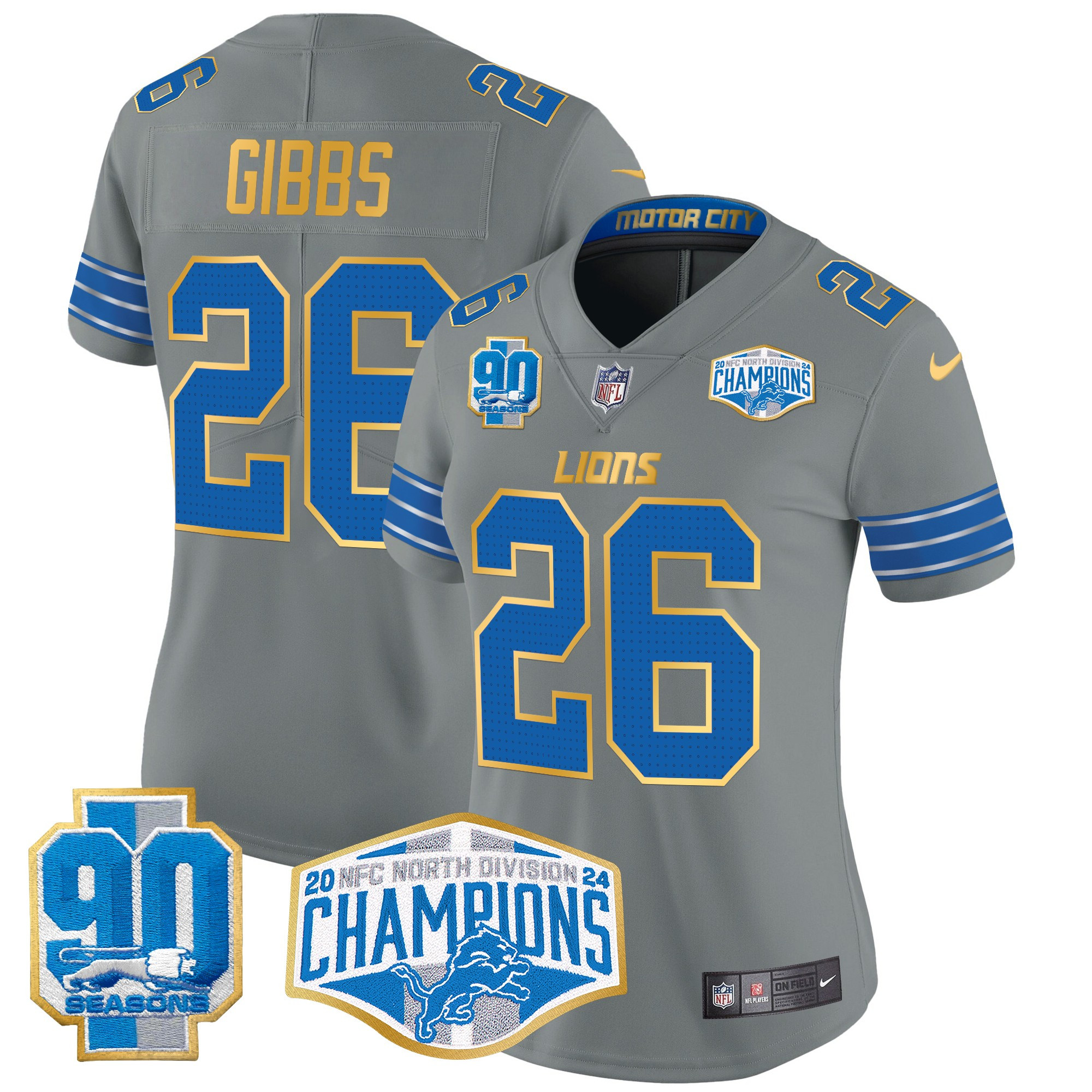 Jahmyr Gibbs Women's Detroit Lions 2024 NFC North Division Champions Patch Gold Trim Vapor Limited Gray Jersey - All Stitched