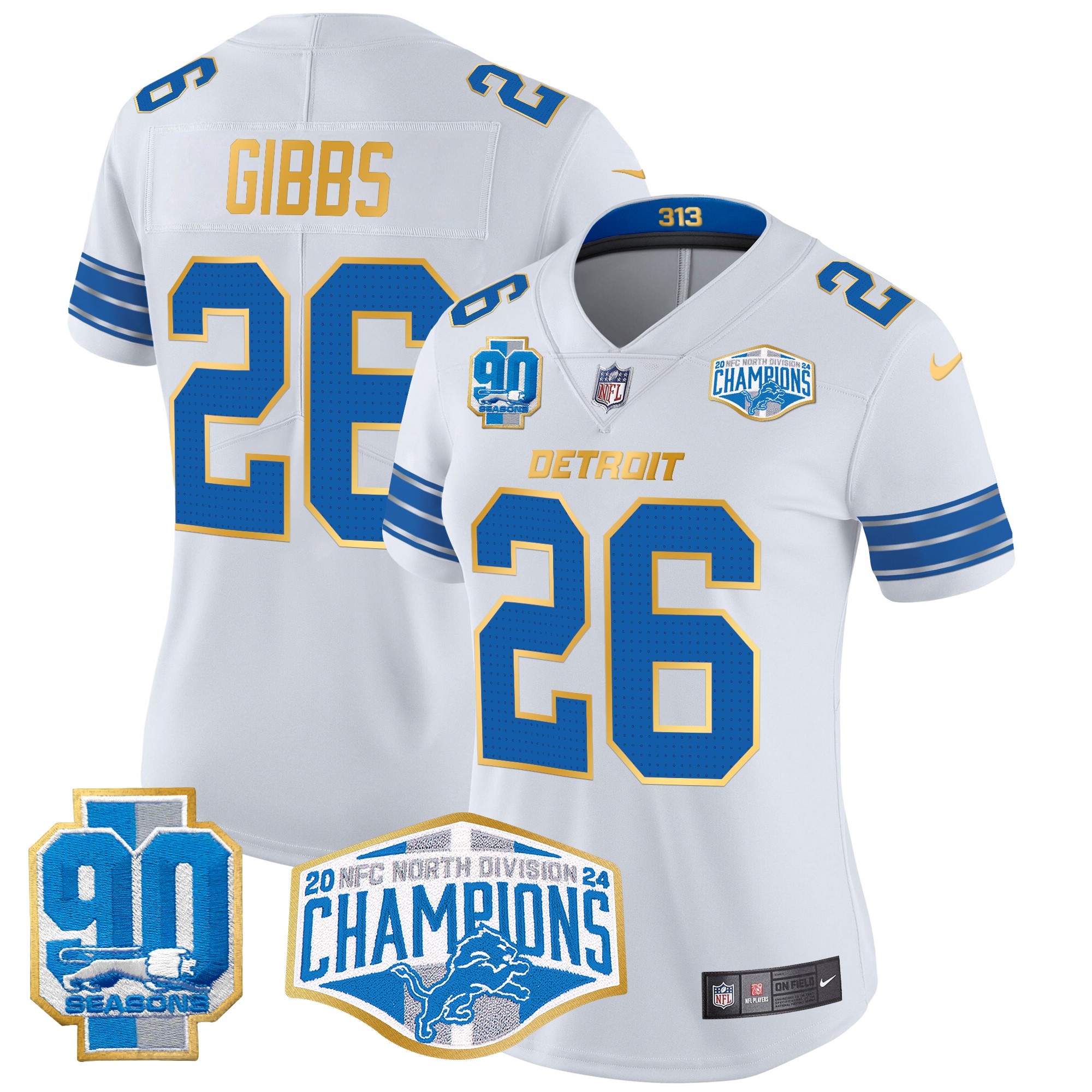 Jahmyr Gibbs Women's Detroit Lions 2024 NFC North Division Champions Patch Gold Trim Vapor Limited White Jersey - All Stitched