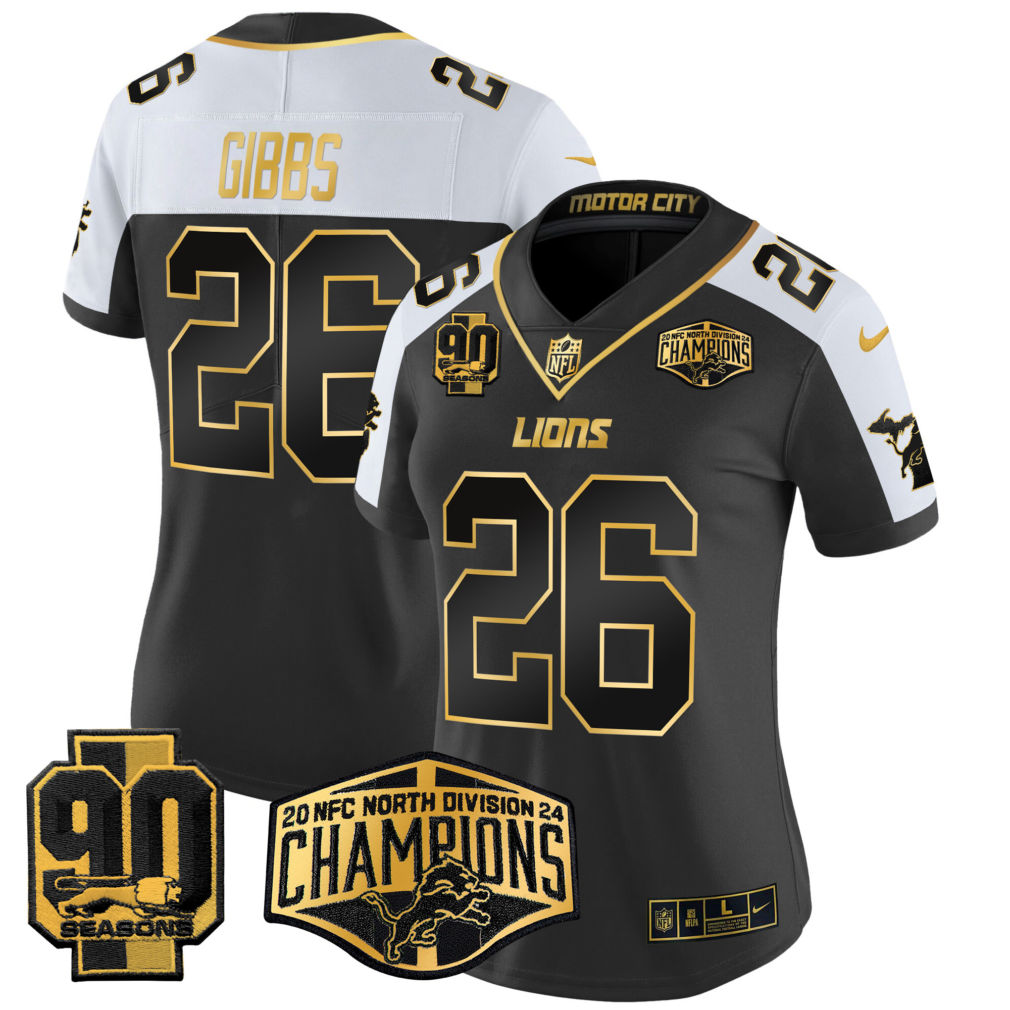 Jahmyr Gibbs Women's Detroit Lions 2024 NFC North Division Champions Patch Gold Vapor Limited Alternate Jersey - All Stitched