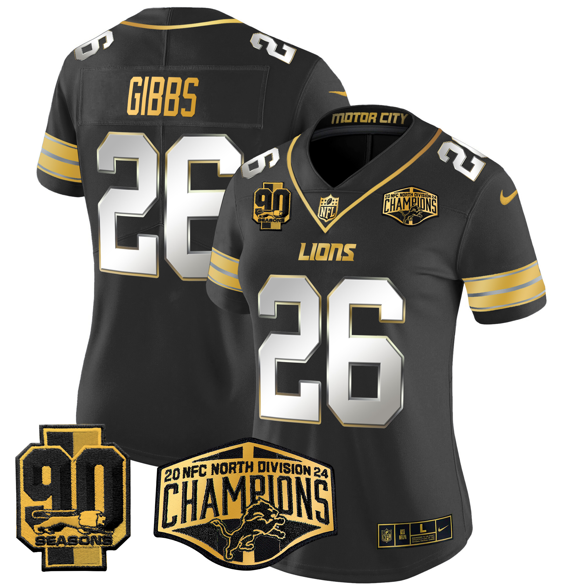 Jahmyr Gibbs Women's Detroit Lions 2024 NFC North Division Champions Patch Gold Vapor Limited Black Limited Jersey - All Stitched