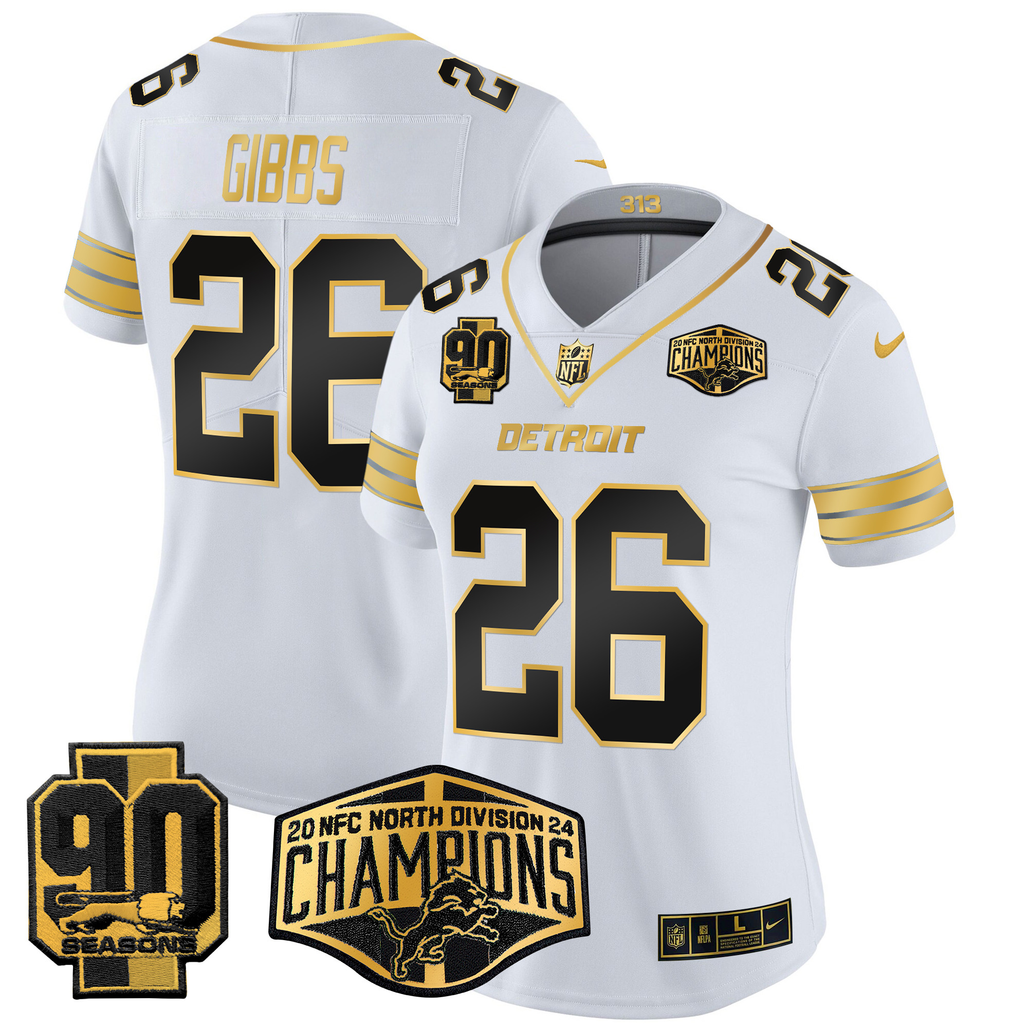 Jahmyr Gibbs Women's Detroit Lions 2024 NFC North Division Champions Patch Gold Vapor Limited White Gold Jersey - All Stitched