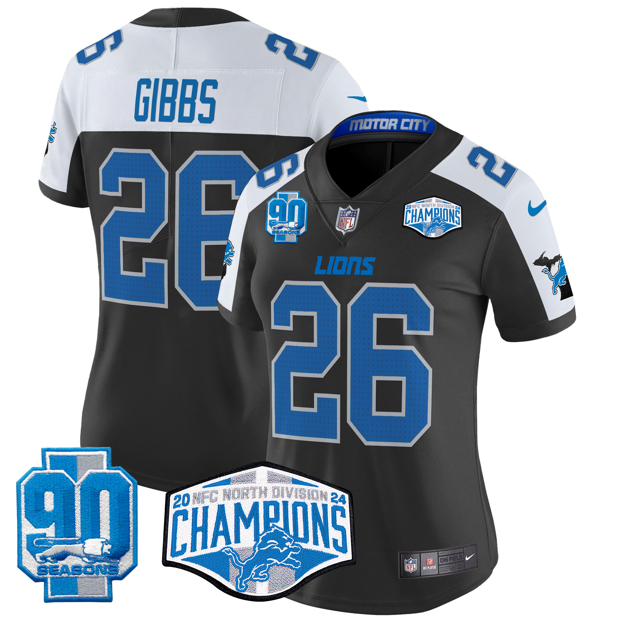 Jahmyr Gibbs Women's Detroit Lions 2024 NFC North Division Champions Patch Vapor Limited Black Alternate Jersey - All Stitched