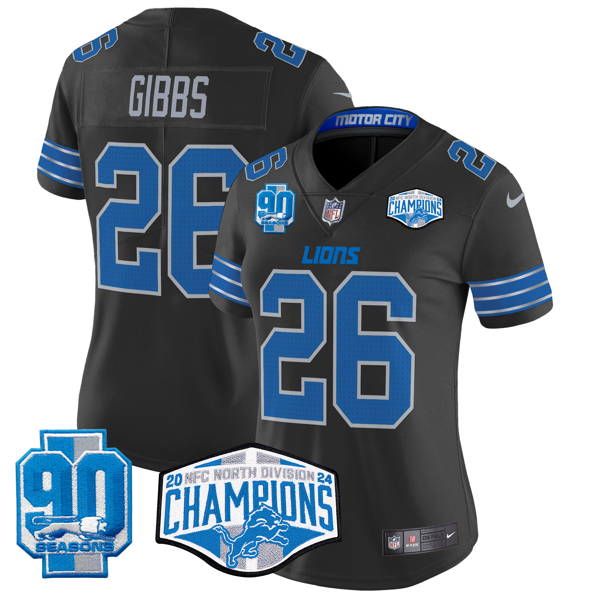 Jahmyr Gibbs Women's Detroit Lions 2024 NFC North Division Champions Patch Vapor Limited Black Jersey - All Stitched