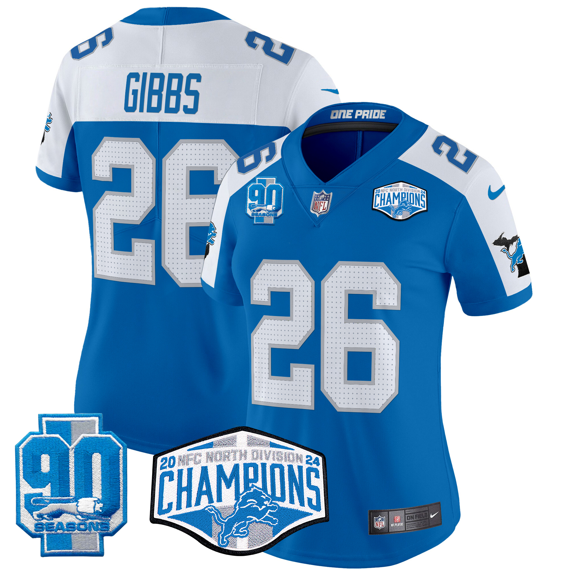 Jahmyr Gibbs Women's Detroit Lions 2024 NFC North Division Champions Patch Vapor Limited Blue Alternate Jersey - All Stitched
