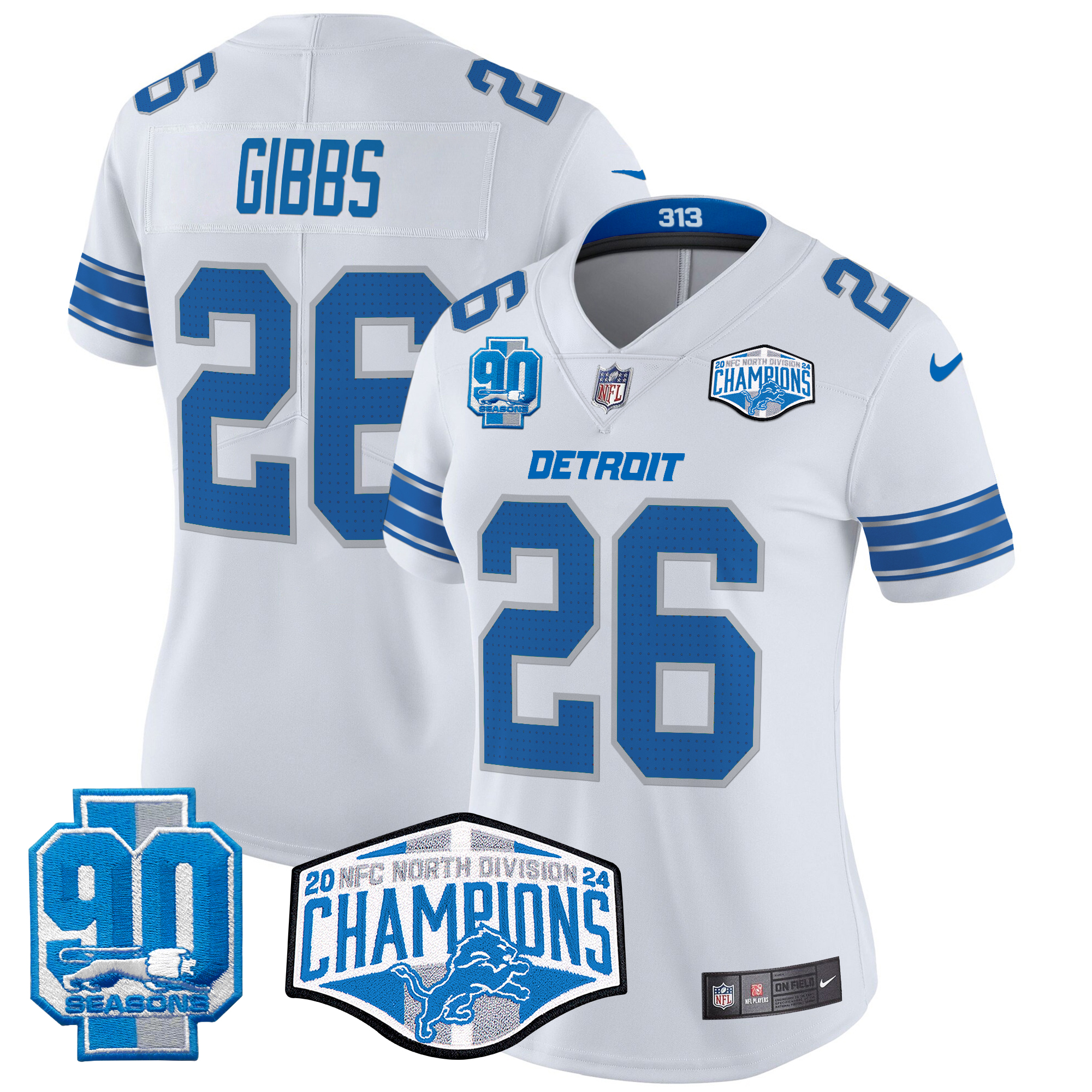 Jahmyr Gibbs Women's Detroit Lions 2024 NFC North Division Champions Patch Vapor Limited White Jersey - All Stitched