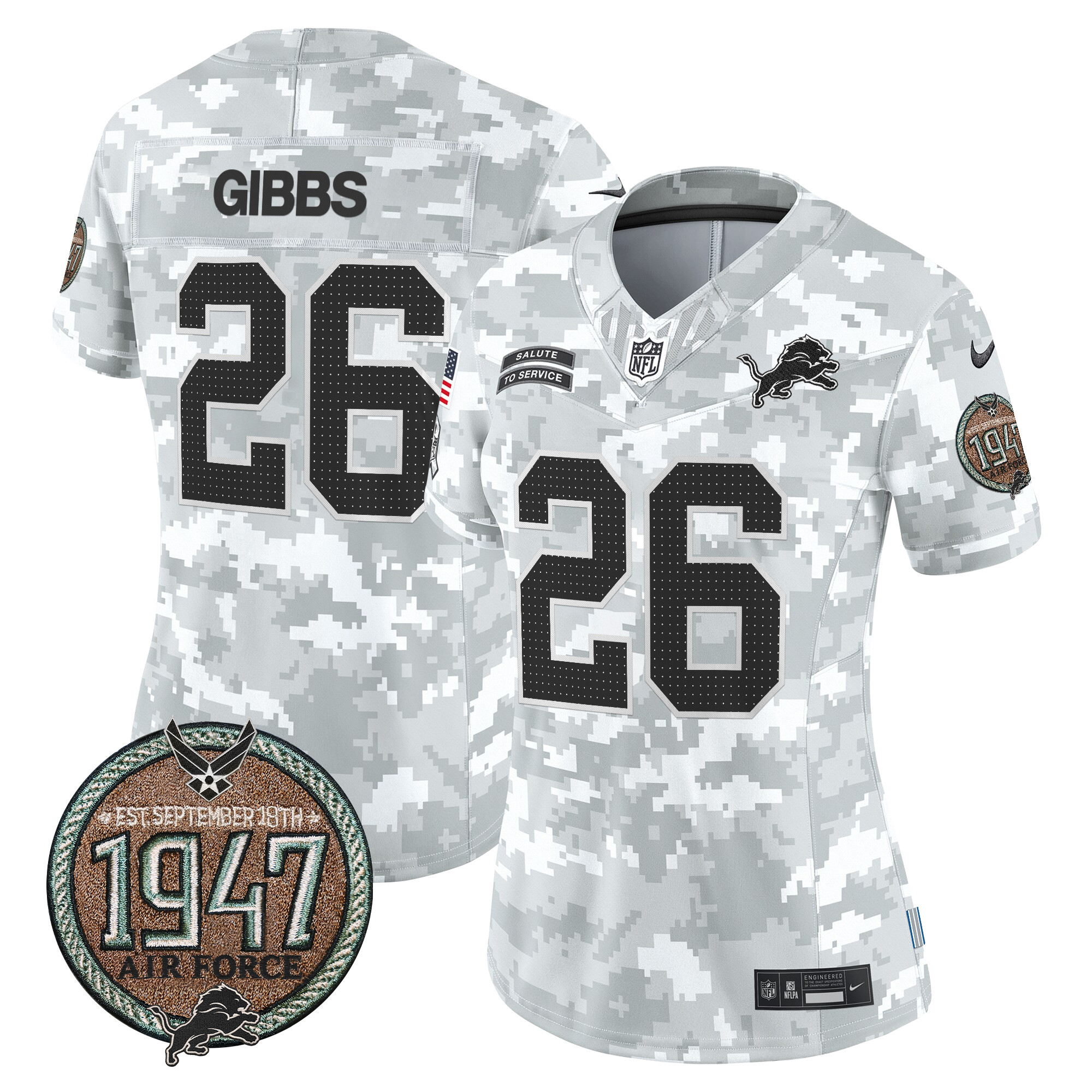 Jahmyr Gibbs Women's Detroit Lions 2024 Salute to Service Establishment Year Patch Vapor Limited Air Force Jersey - All Stitched