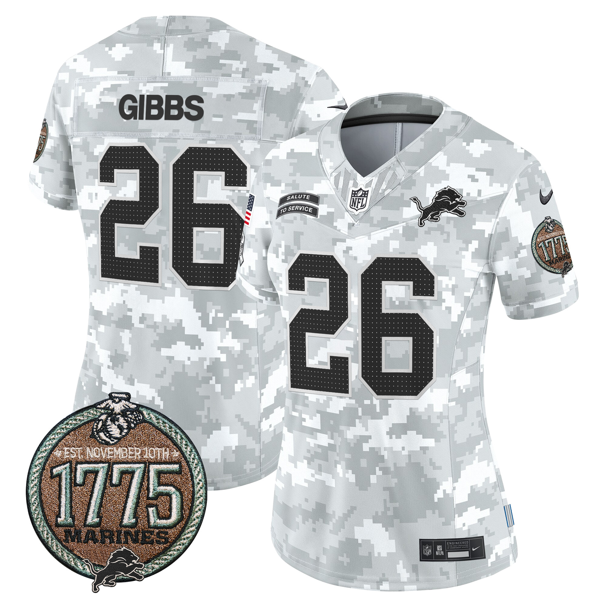 Jahmyr Gibbs Women's Detroit Lions 2024 Salute to Service Establishment Year Patch Vapor Limited Marines Jersey - All Stitched