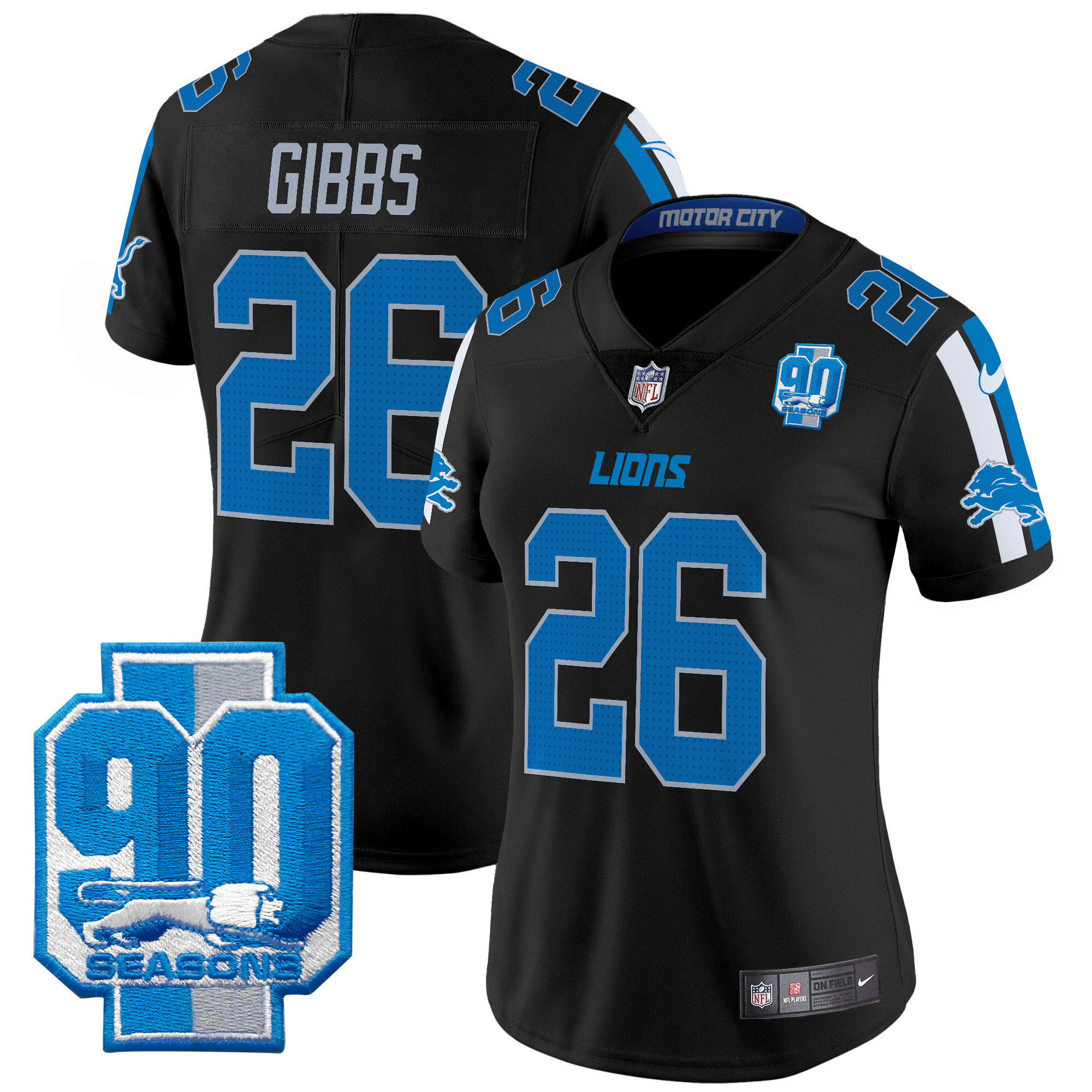 Jahmyr Gibbs Women's Detroit Lions 90th Year Patch Vapor Limited Black Jersey - All Stitched