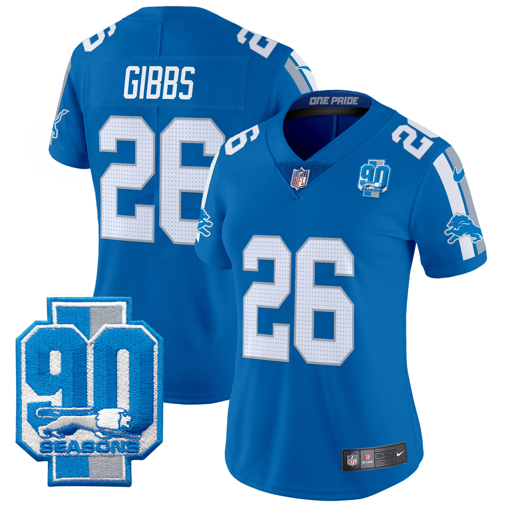 Jahmyr Gibbs Women's Detroit Lions 90th Year Patch Vapor Limited Blue Jersey - All Stitched