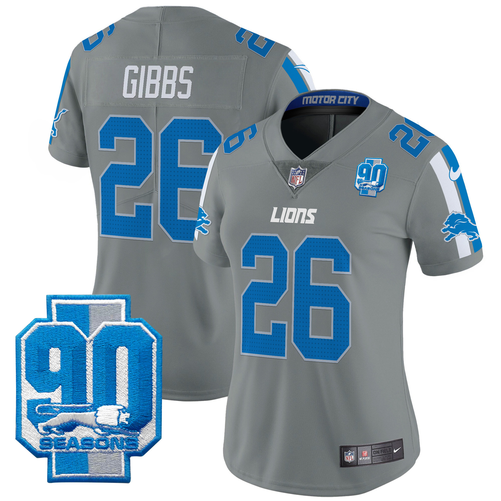 Jahmyr Gibbs Women's Detroit Lions 90th Year Patch Vapor Limited Gray Jersey - All Stitched