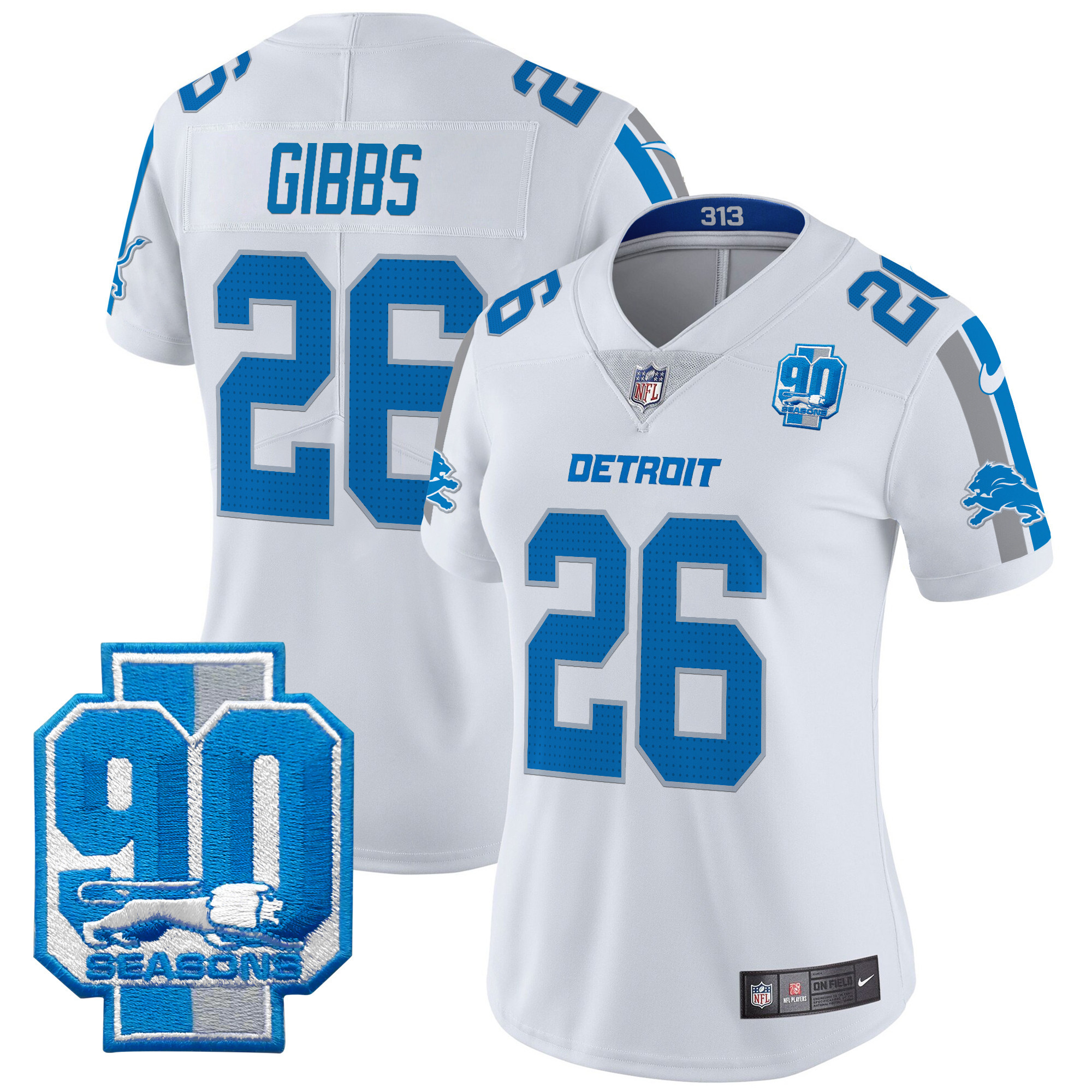 Jahmyr Gibbs Women's Detroit Lions 90th Year Patch Vapor Limited White Jersey - All Stitched