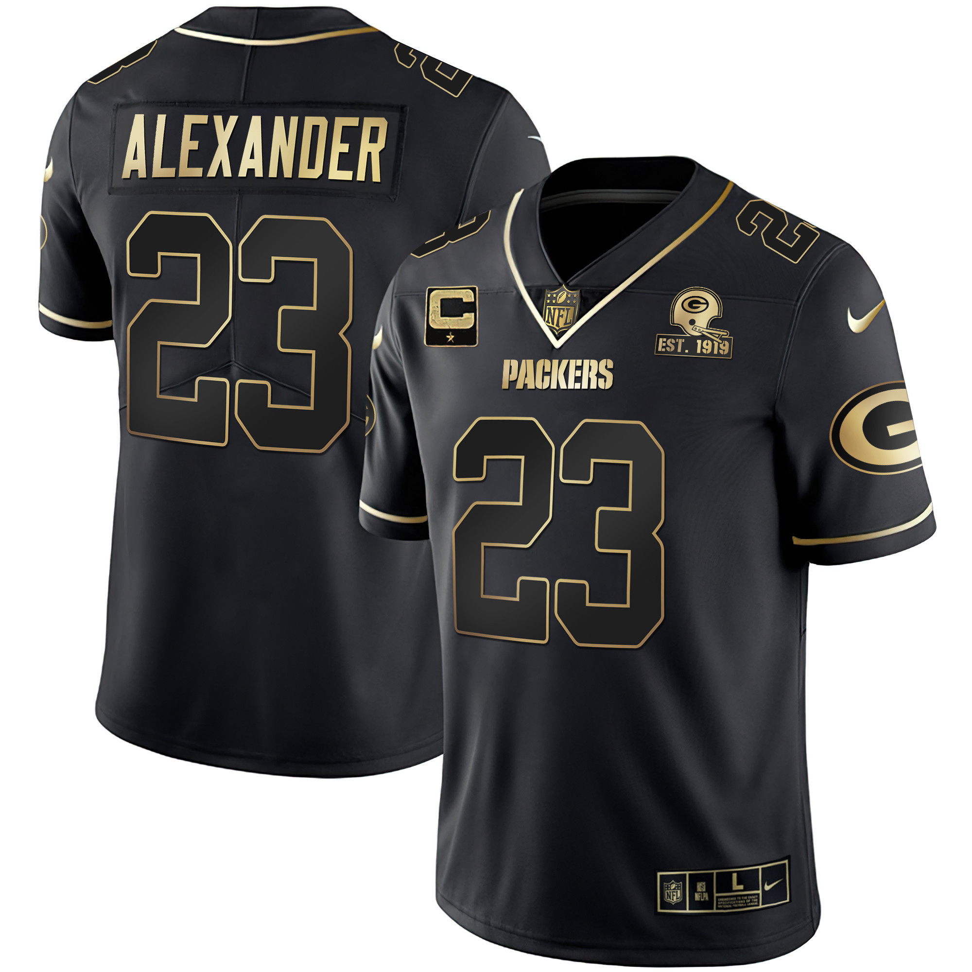 Jaire Alexander Men's Green Bay Packers White Gold & Black Gold Est 1919 Patch - All Stitched Black Gold Jersey - All Stitched