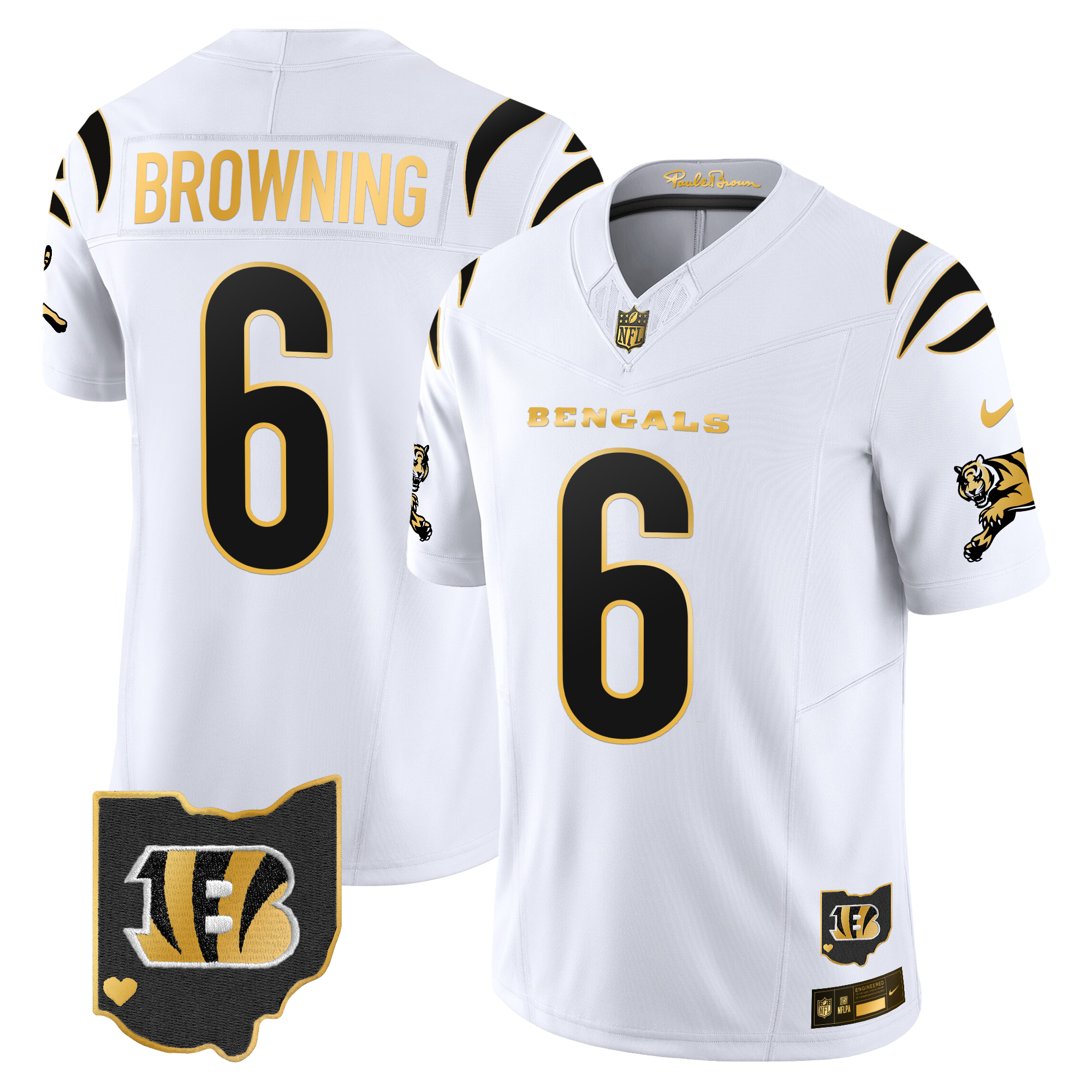 Jake Browning Men's Cincinnati Bengals 2024 Gold Vapor Limited White Gold Jersey - All Stitched