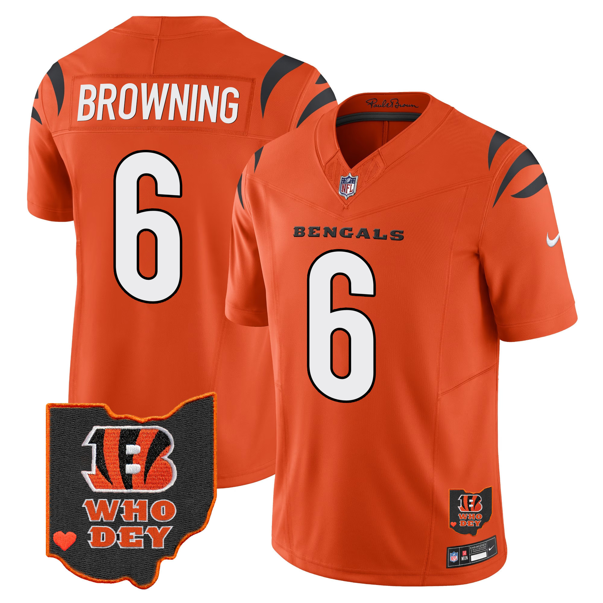 Jake Browning Men's Cincinnati Bengals Ohio Patch Vapor Limited Orange Jersey - All Stitched