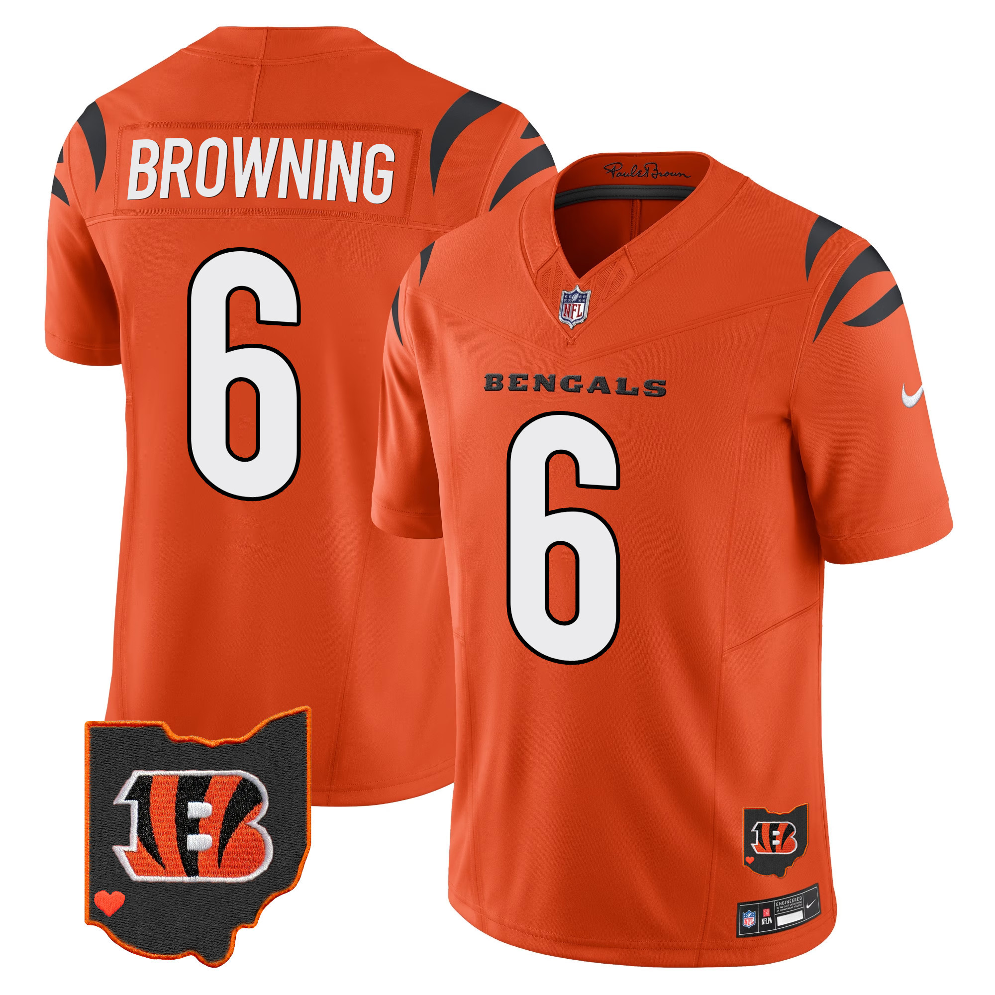 Jake Browning Men's Cincinnati Bengals Ohio Patch Vapor Limited Orange Jersey - All Stitched