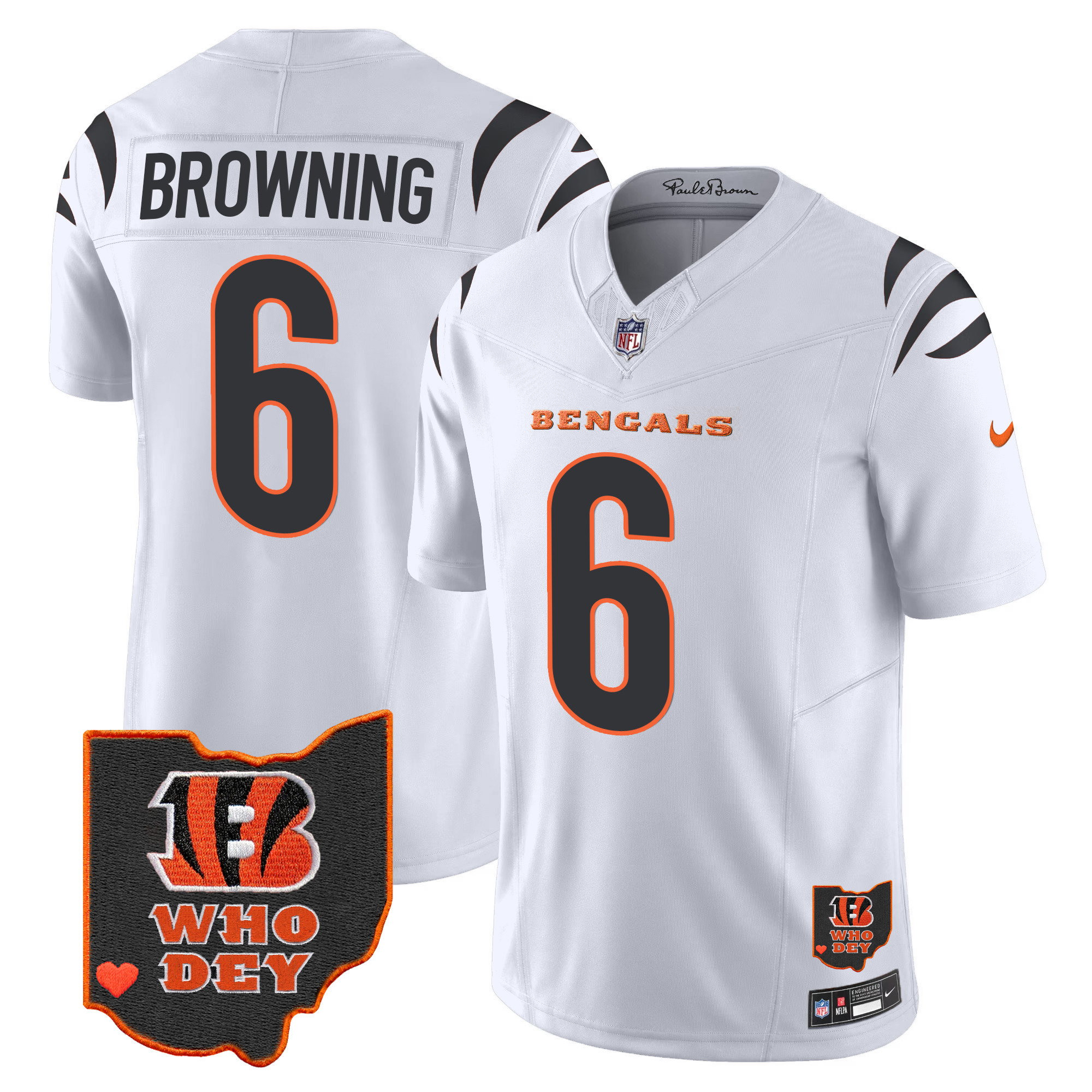Jake Browning Men's Cincinnati Bengals Ohio Patch Vapor Limited White Jersey - All Stitched