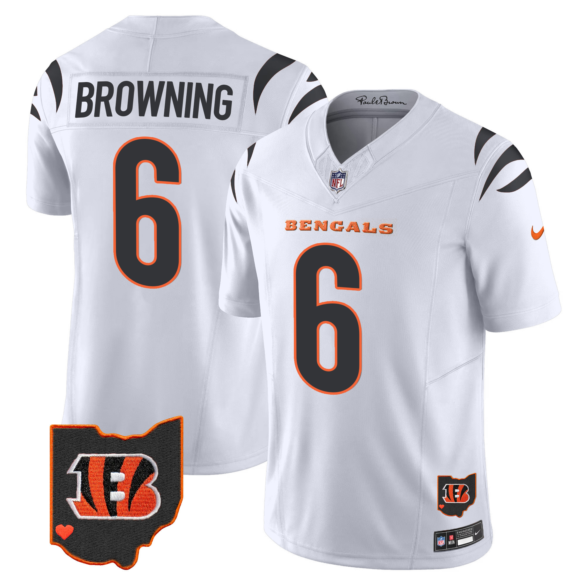 Jake Browning Men's Cincinnati Bengals Ohio Patch Vapor Limited White Jersey - All Stitched
