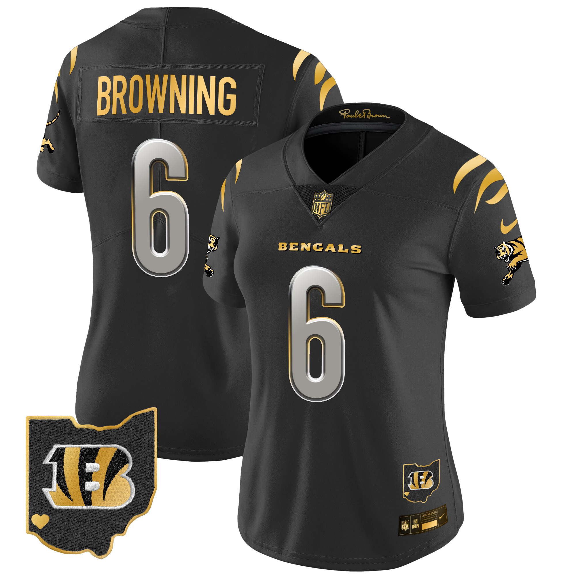 Jake Browning Women's Cincinnati Bengals 2024 Gold Vapor Limited Black Limited Jersey - All Stitched