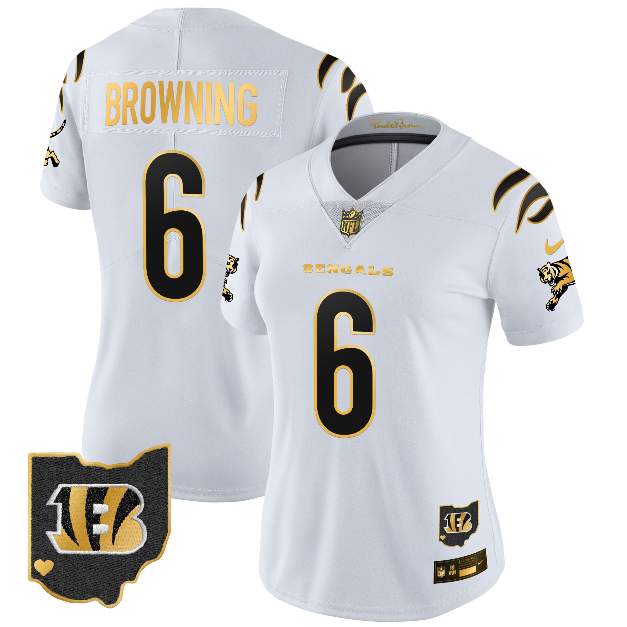 Jake Browning Women's Cincinnati Bengals 2024 Gold Vapor Limited White Gold Jersey - All Stitched