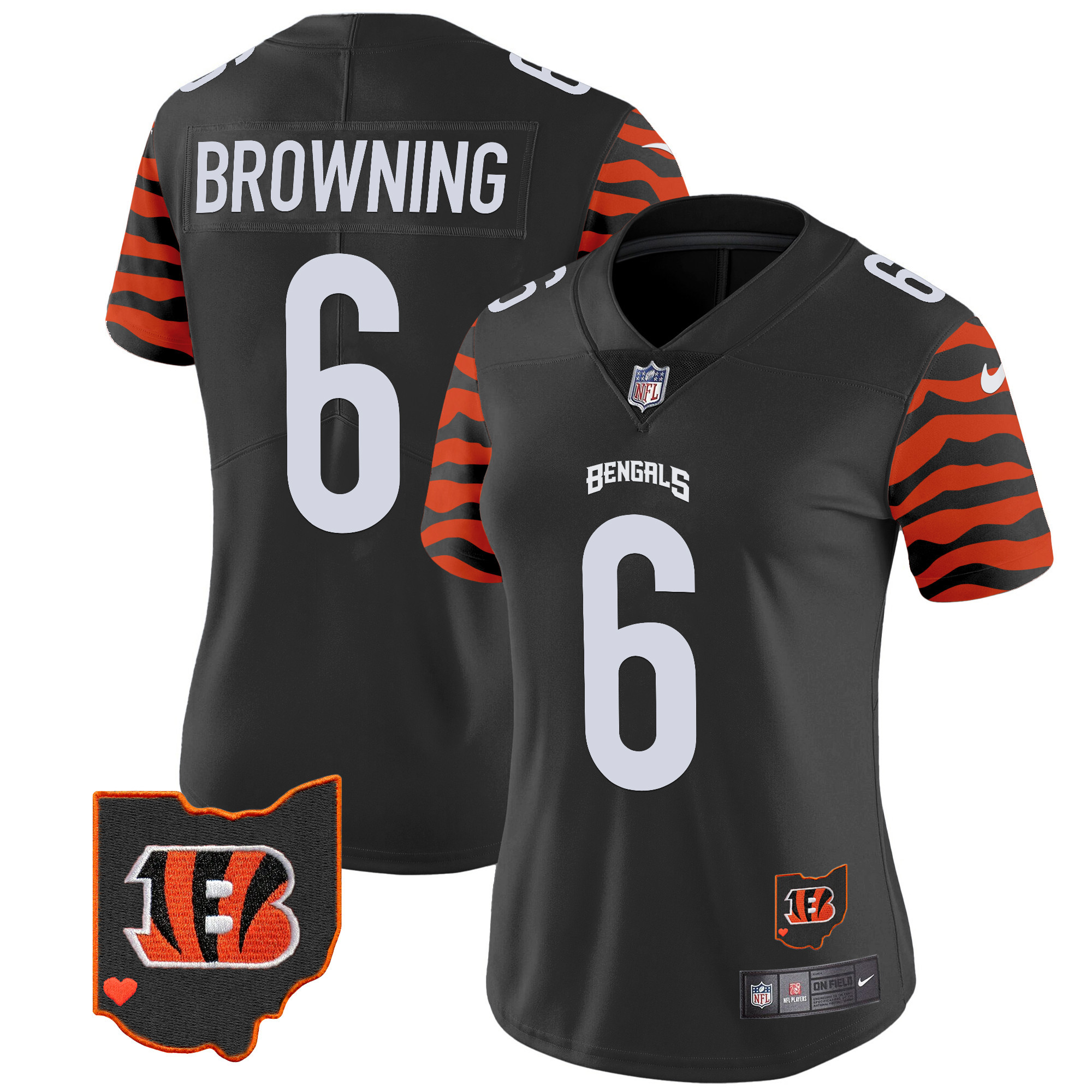 Jake Browning Women's Cincinnati Bengals Stripes Vapor Limited Black Jersey - All Stitched