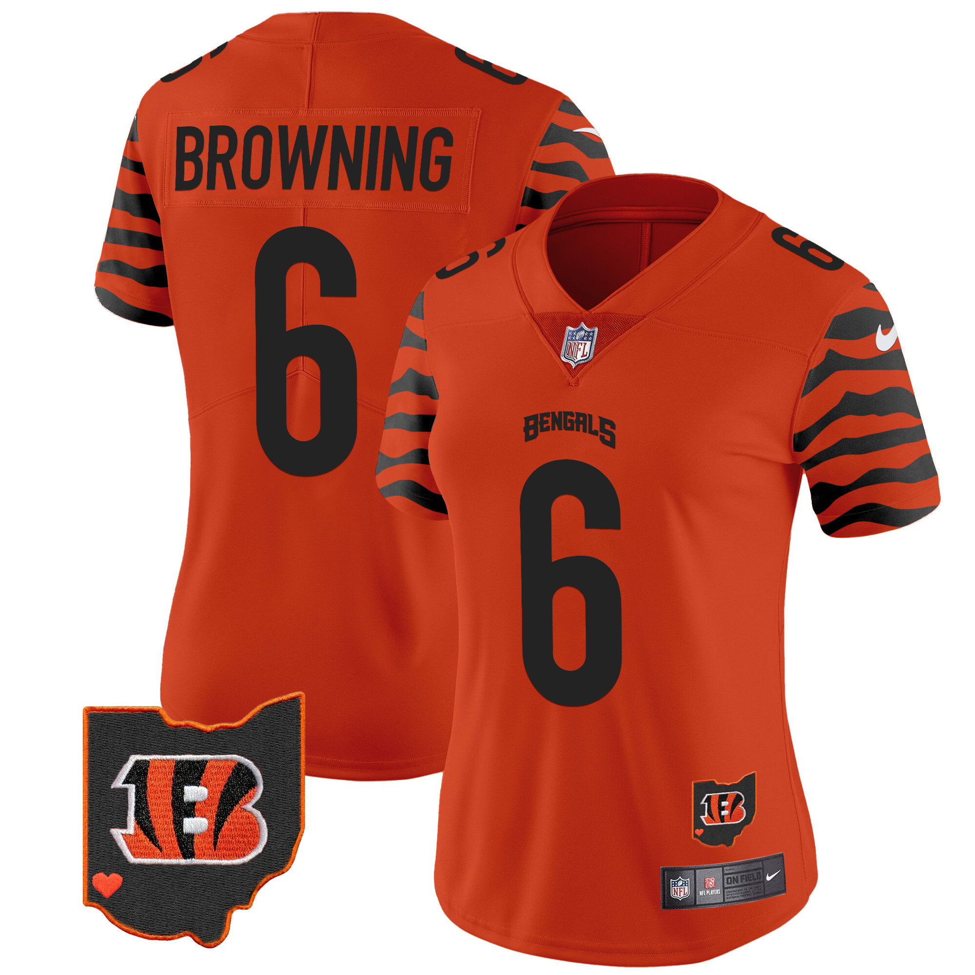 Jake Browning Women's Cincinnati Bengals Stripes Vapor Limited Orange Jersey - All Stitched