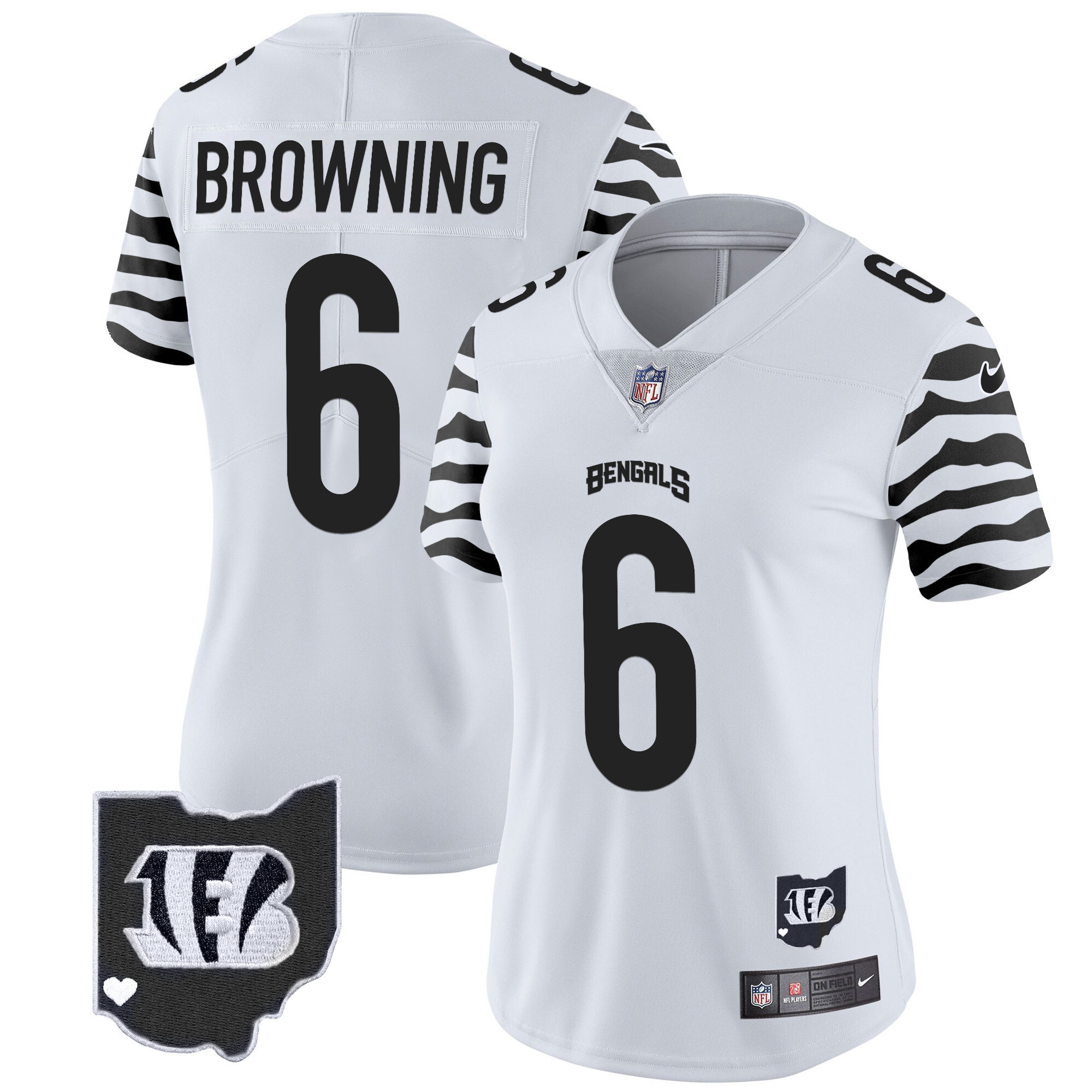 Jake Browning Women's Cincinnati Bengals Stripes Vapor Limited White Jersey - All Stitched