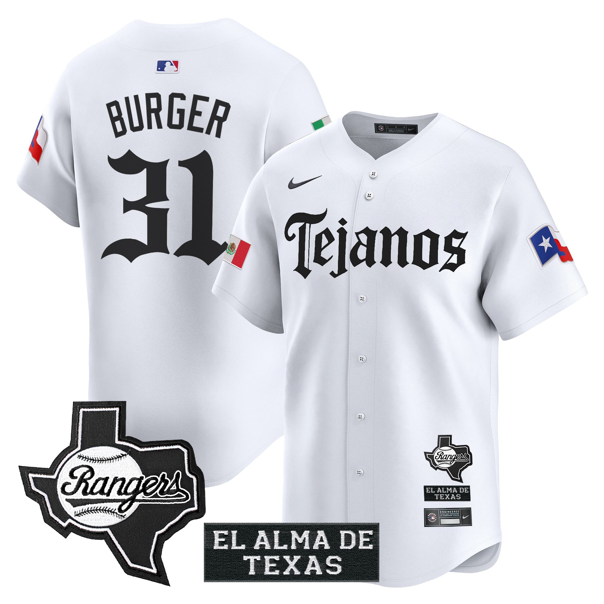 Jake Burger Men's Texas Rangers Mexico Tejano Barrio Style Vapor Premier Limited White Jersey - All Stitched