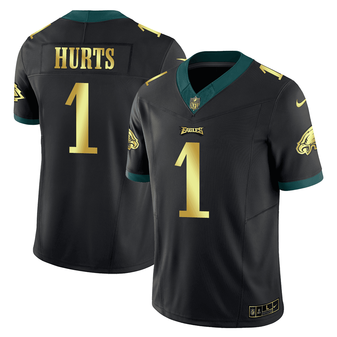 Jalen Hurts MenÃƒÂ¢Ã¢â€šÂ¬Ã¢â€žÂ¢s Philadelphia Eagles Kobe Bryant Black Gold Black Gold Trim Jersey - All Stitched