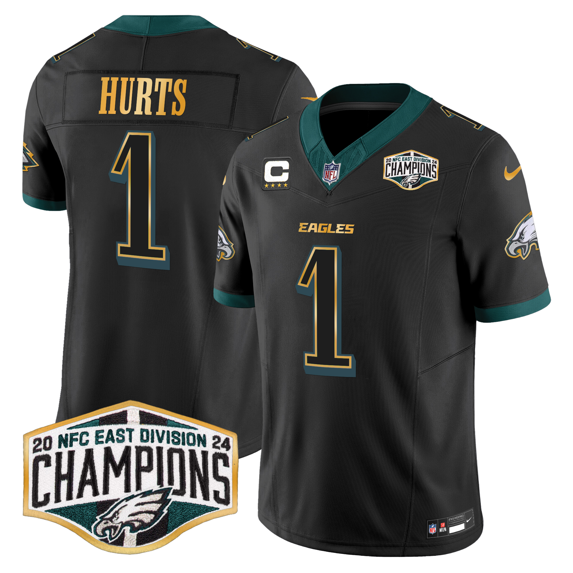 Jalen Hurts Men's Philadelphia Eagles 2024 NFC East Division Champions Gold Trim Vapor Limited Black Jersey - All Stitched