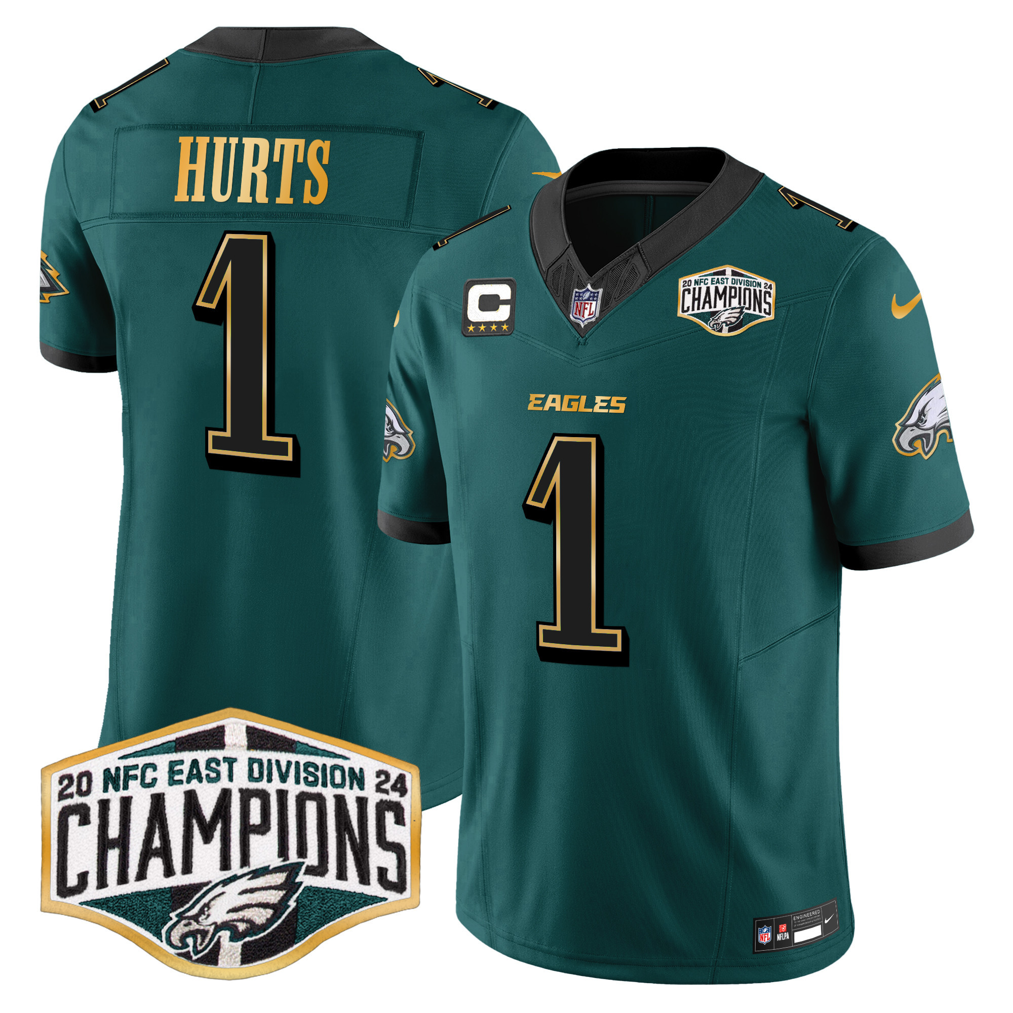 Jalen Hurts Men's Philadelphia Eagles 2024 NFC East Division Champions Gold Trim Vapor Limited Midnight Green Jersey - All Stitched