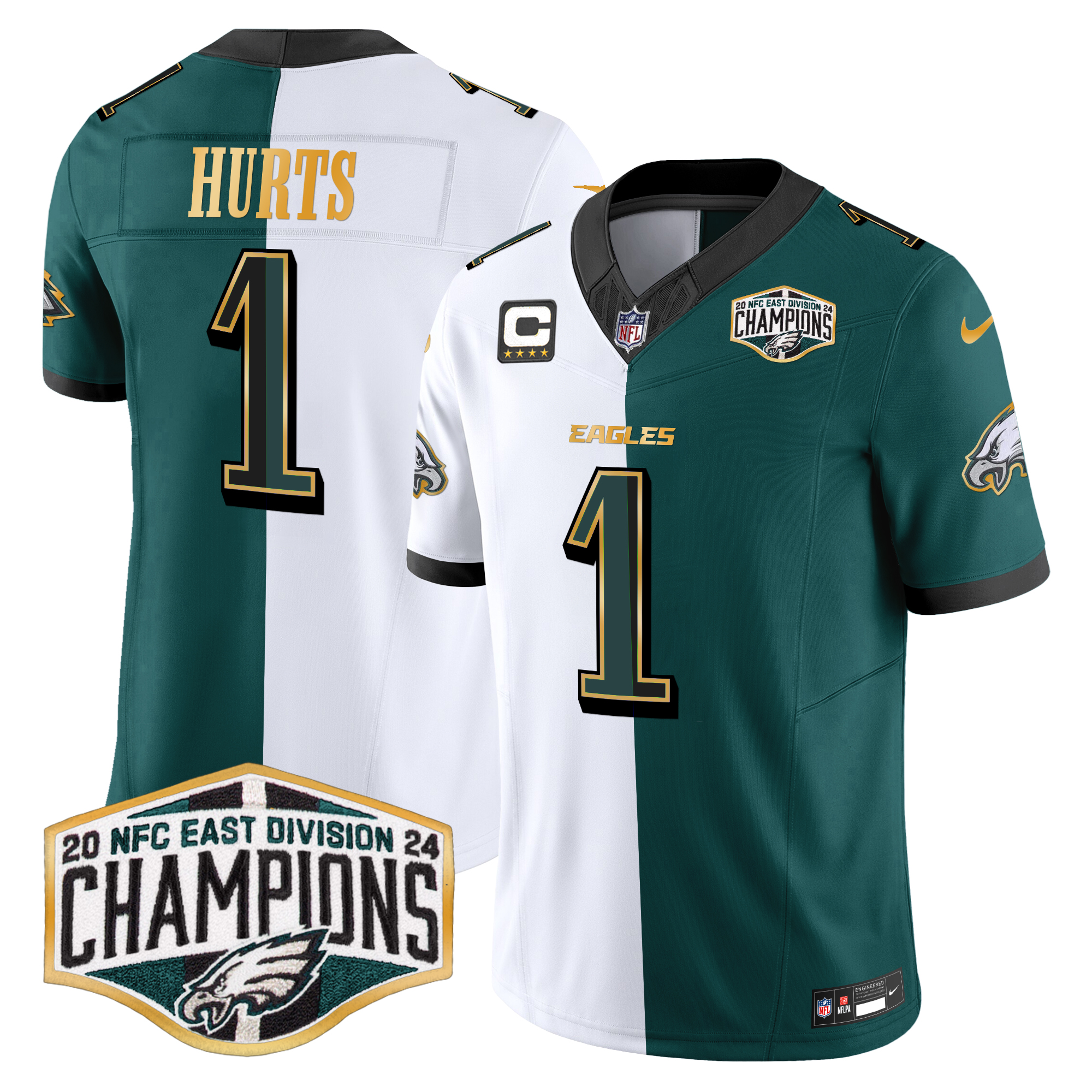 Jalen Hurts Men's Philadelphia Eagles 2024 NFC East Division Champions Gold Trim Vapor Limited Split Jersey - All Stitched