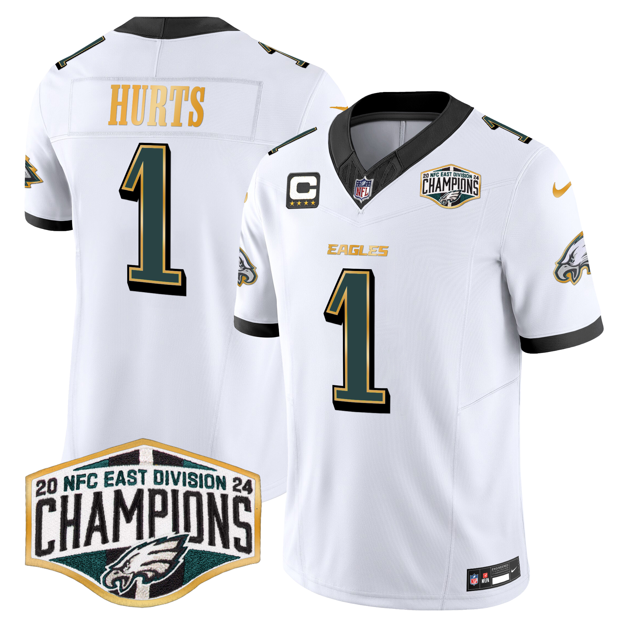 Jalen Hurts Men's Philadelphia Eagles 2024 NFC East Division Champions Gold Trim Vapor Limited White Jersey - All Stitched