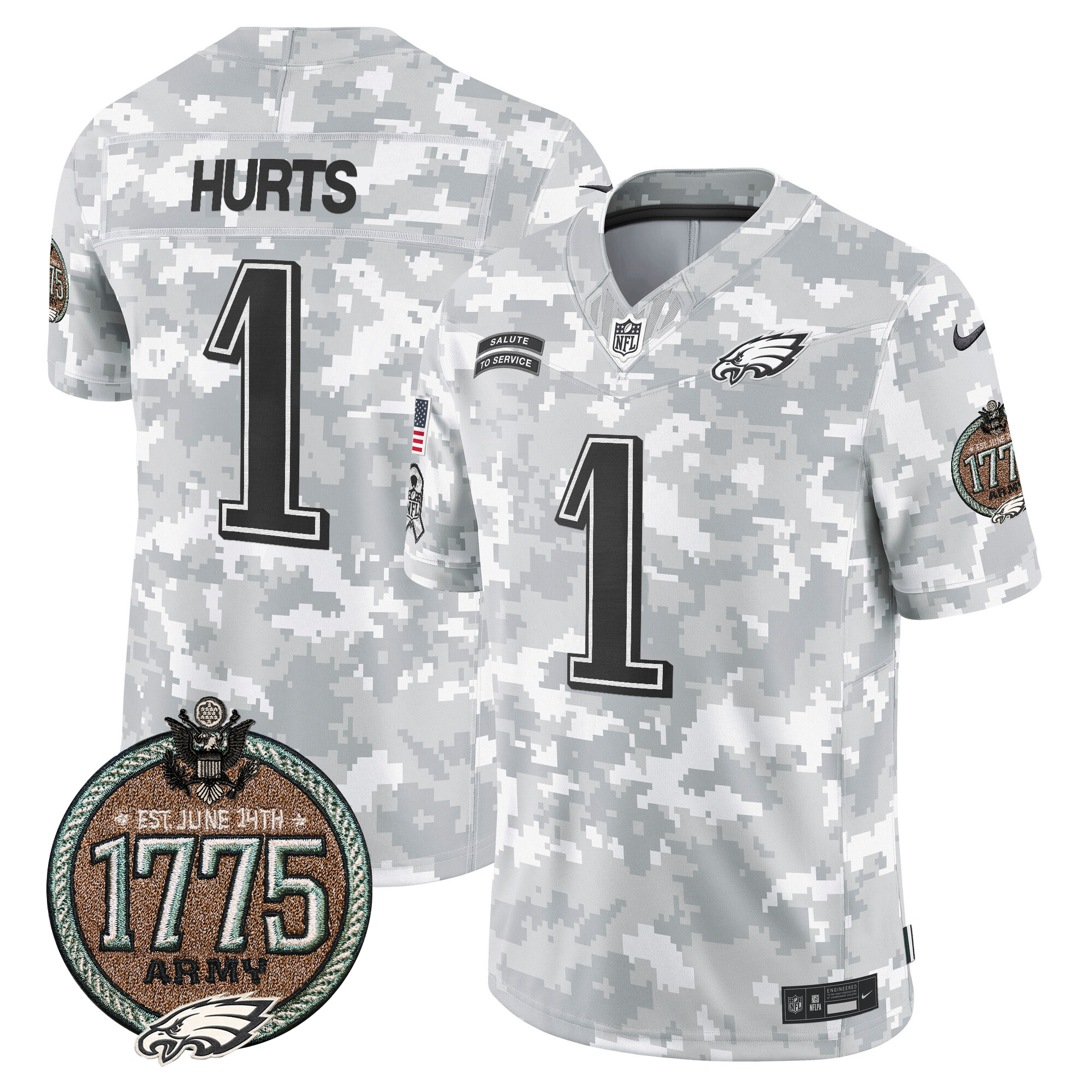 Jalen Hurts Men's Philadelphia Eagles 2024 Salute to Service Establishment Year Patch Vapor Limited Army Jersey - All Stitched