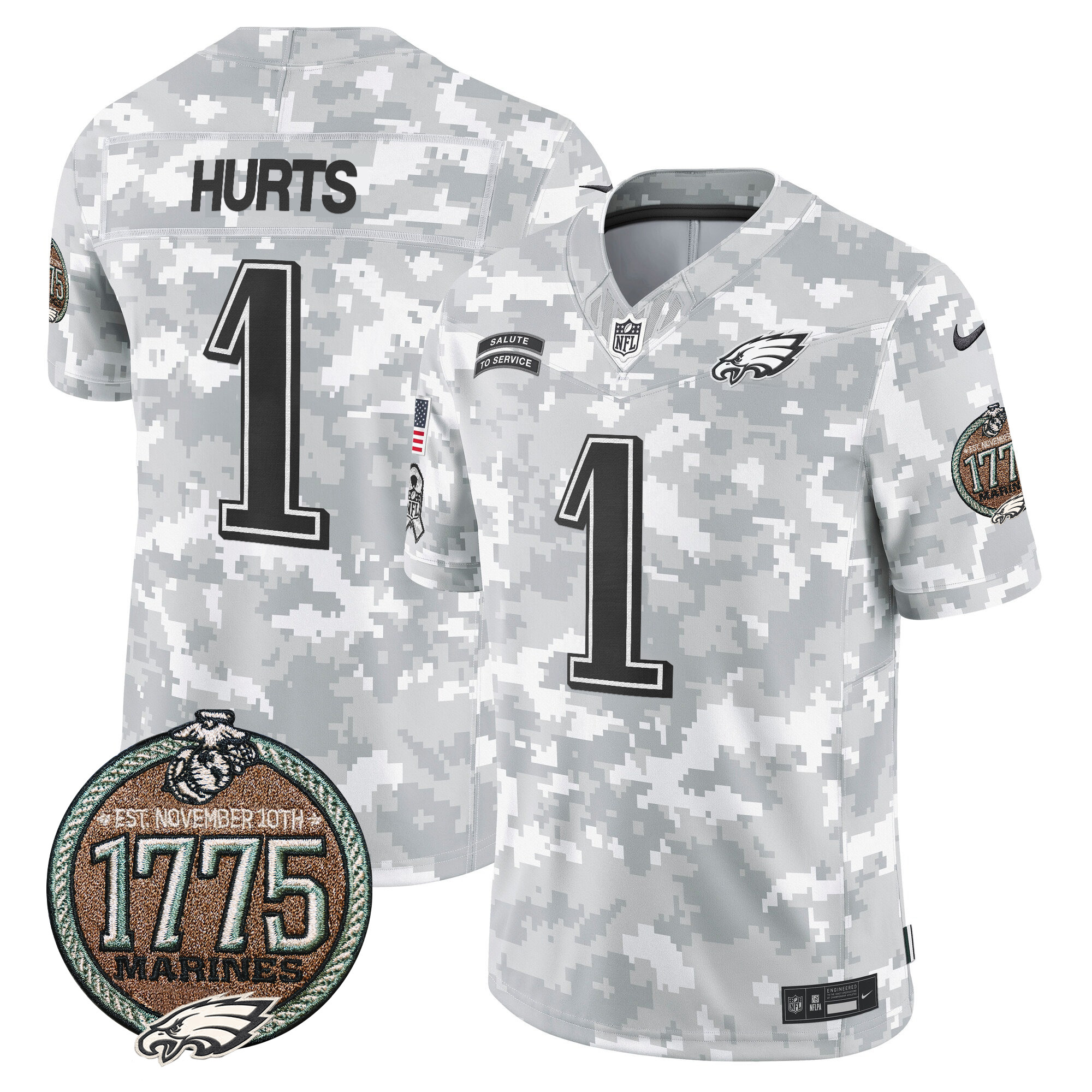 Jalen Hurts Men's Philadelphia Eagles 2024 Salute to Service Establishment Year Patch Vapor Limited Marines Jersey - All Stitched