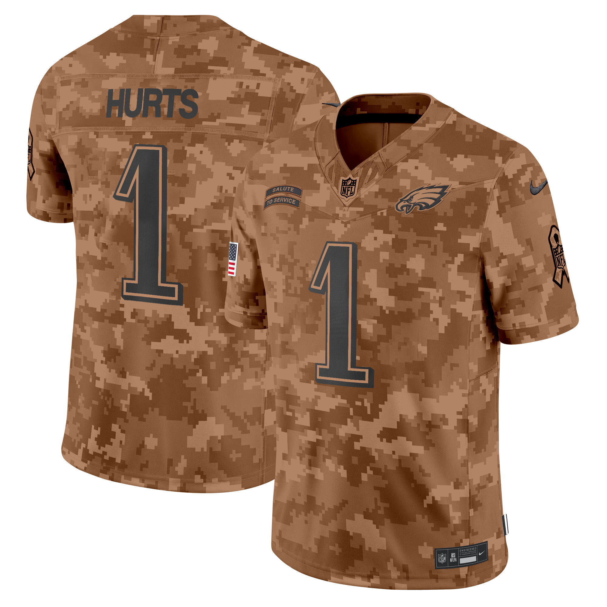 Jalen Hurts Men's Philadelphia Eagles 2024 Salute to Service Vapor Limited Brown Camo Jersey - All Stitched