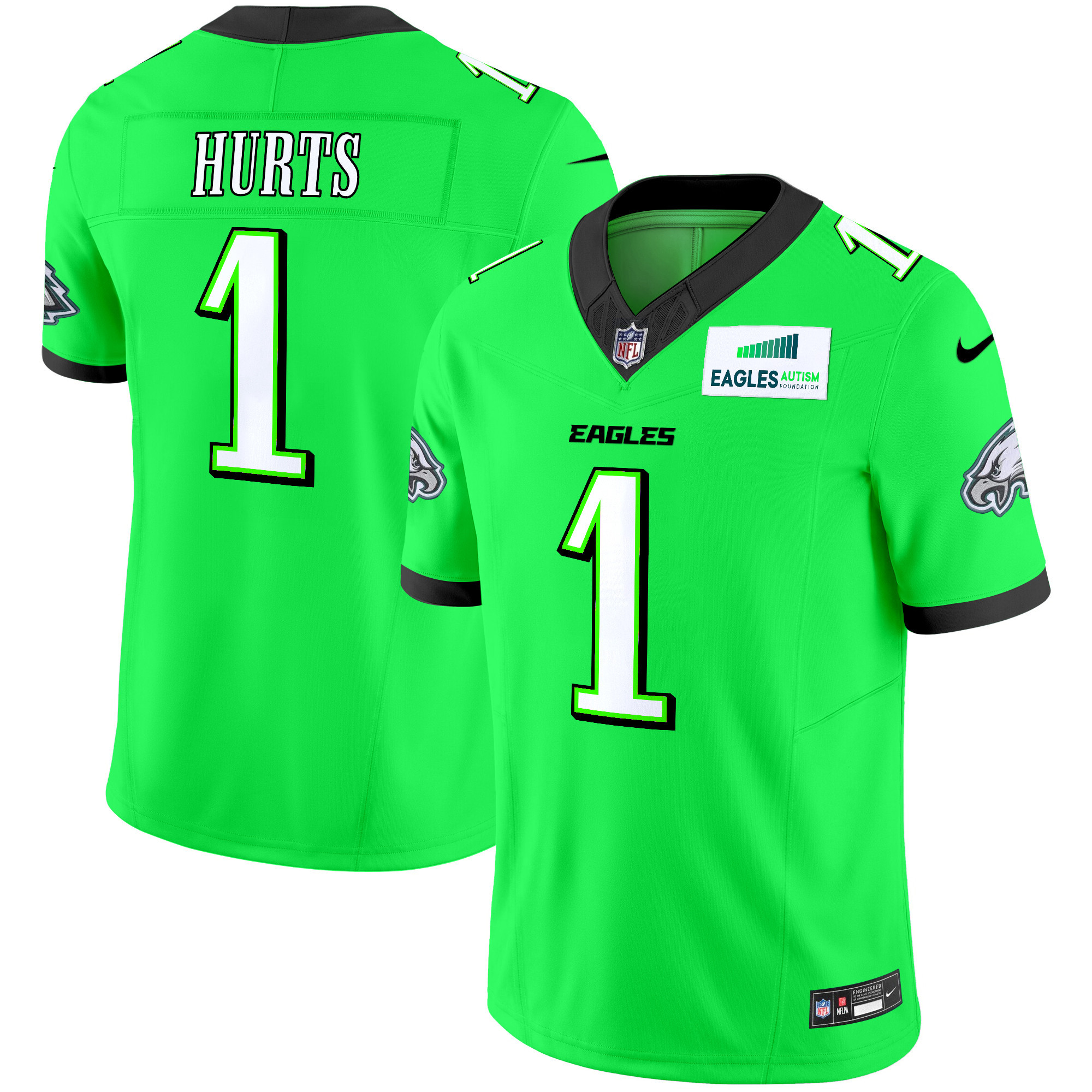 Jalen Hurts Men's Philadelphia Eagles Autism Foundation Patch Vapor Limited Green Neon Jersey - All Stitched