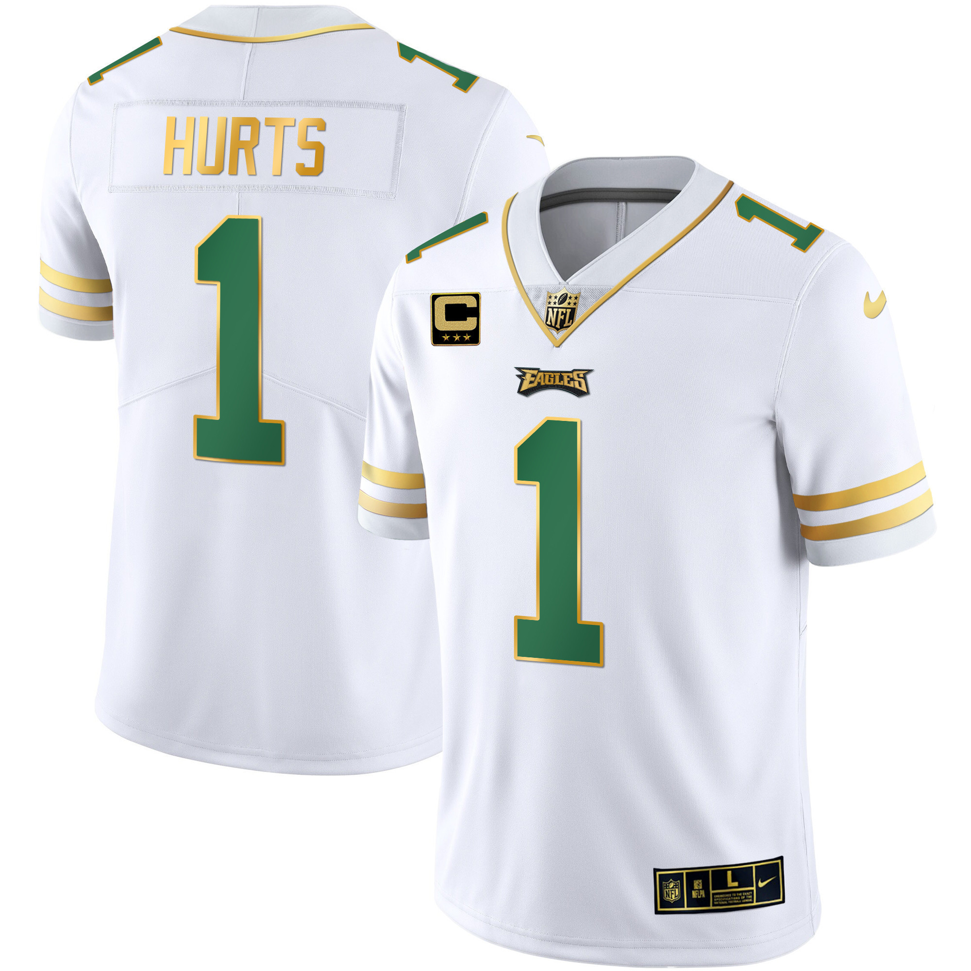 Jalen Hurts Men's Philadelphia Eagles Gold & Kelly Vapor Kelly White Jersey - All Stitched